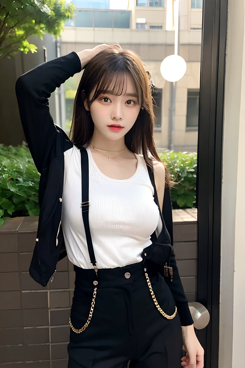 masterpiece、flat-colors、depth of fields、lens flare 1 girl、、Brown hair、watching at viewers black suspenders bulging big breasts Armpit sweat perspiring Side of both hands walls: Black pants, Black jacket chain arma Gaze Small face Bangs Upper Eyes flank