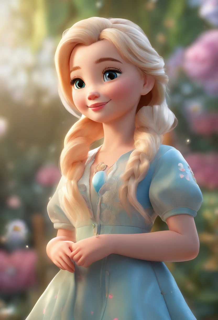 (realistic,photo-realistic:1.37),(best quality,4k,8k,highres,masterpiece:1.2)CG unit,portrait,close-up,smiling,cartoon(Chibi) style,alone,full body,Elsa girl,looking into the distance,outdoor