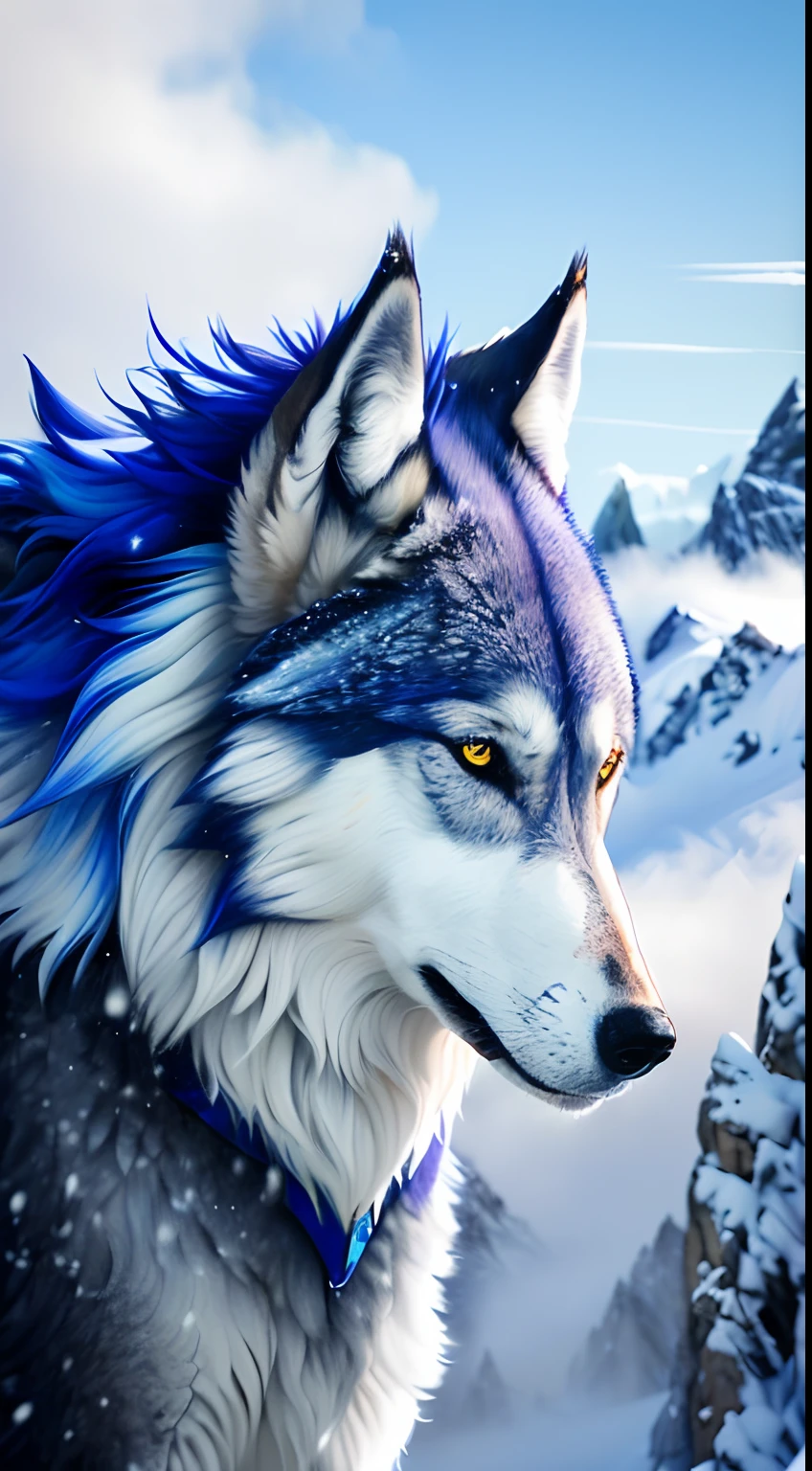 There's a wolf with blue hair and a collar on, retrato do lobo da fantasia, dramatic cinematic detailed fur, lobo peludo, arte peluda muito bonita, 8k arte detalhada de alta qualidade, lobo azul, extremamente alto detalhamento, animal altamente detalhado, pintura digital altamente detalhada, Arte digital altamente detalhada em 4k, arte digital altamente detalhada, Lobo branco com olhos azuis