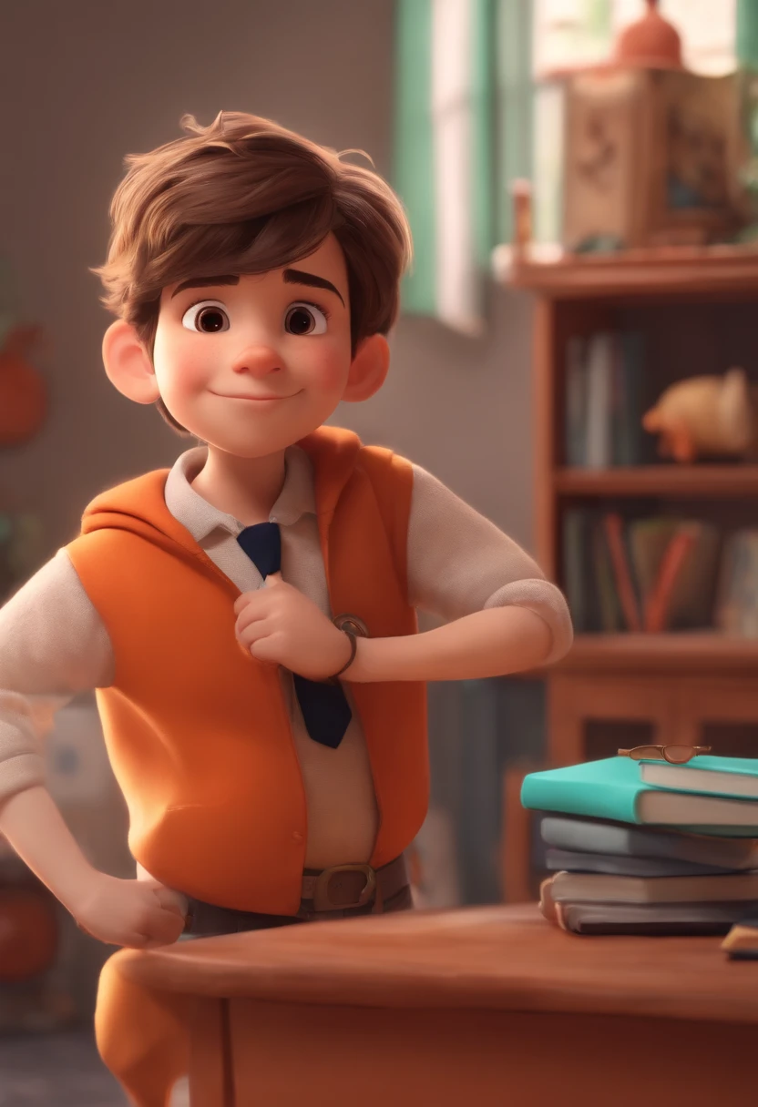 Image of a boy for a story in a YouTube video in Pixar format, He's the little allabester, He's the class leader, He's outgoing, Playful and gets up for a lot of things, cabelo curto