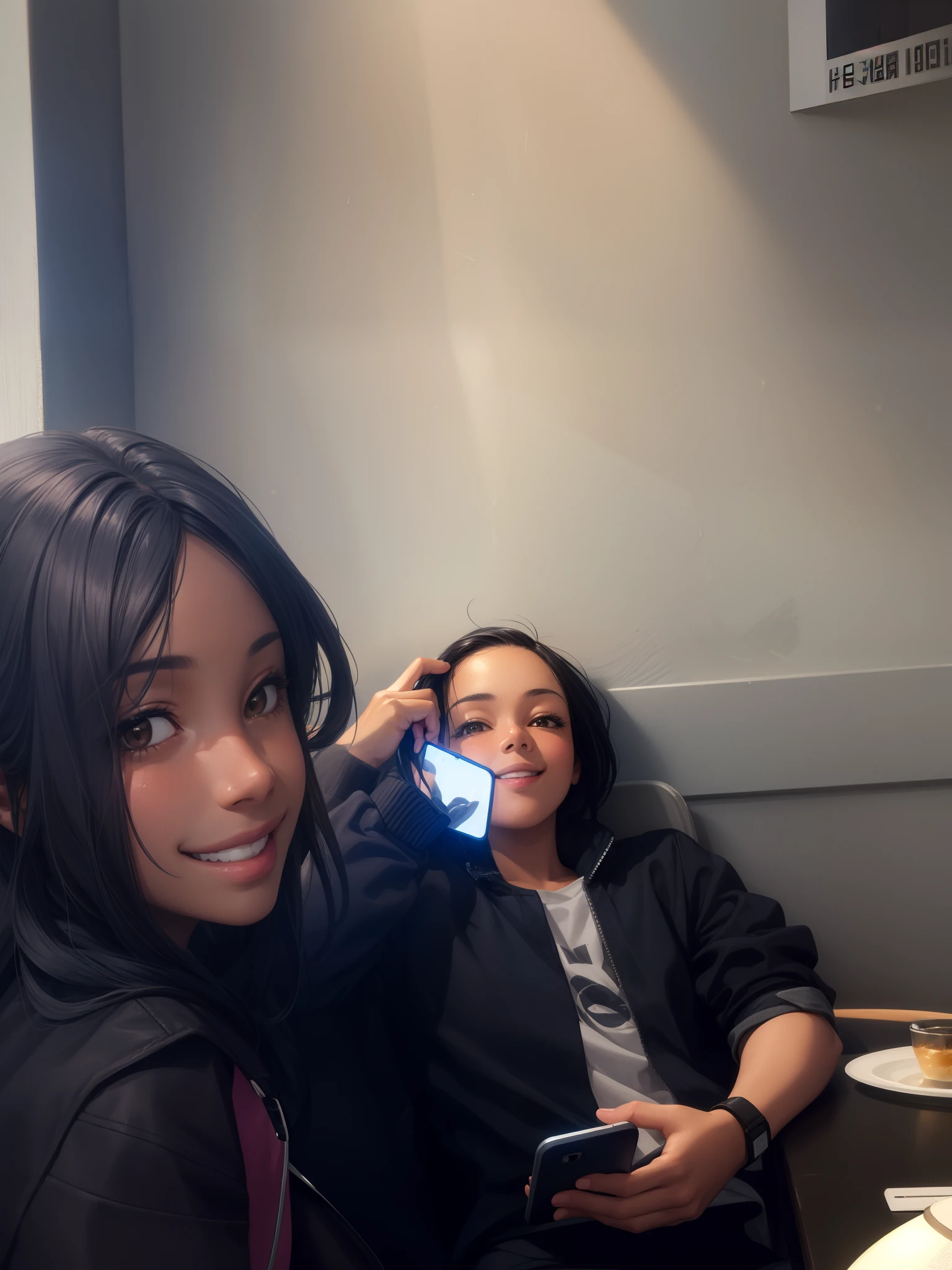 realistic, 1girl, 1boy, black hair, dark brown eyes, crop jacket, smile, dark skin, sun, sunlight, sitting at table, holding phone