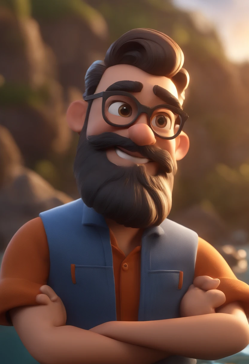 Cartoon character of a fisherman with black glasses and a blue shirt, beard, animation character, Caractere estilizado, animation style rendering, 3D estilizado, Arnold Maya render, 3 d render stylized, toon render keyshot, Personagem 3D, Personagem 3D, 3d rendering stylized, 3 d character render, personagem de desenho animado, Personagem de close up, Pose de personagem, (Estilo Pixar) (master part:1.2) (Bokeh) (best quality) (pele detalhada) (textura detalhada) (8k) (argila) (Cinematic lighting) (foco nítido