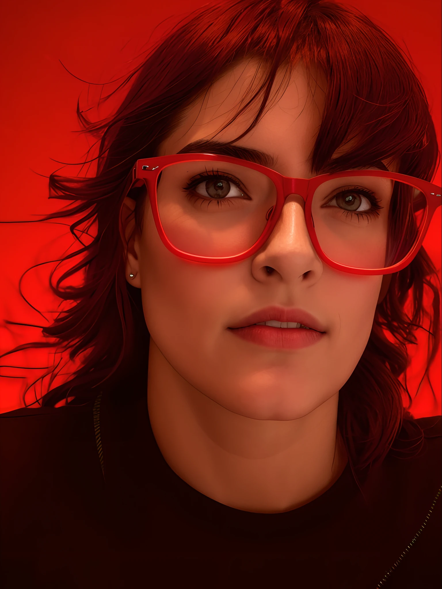 Woman with red glasses and black shirt is looking at camera, wearing red tainted glasses, wearing thin large round glasses, staring directly at camera, wearing square glasses, staring directly at camera, Mulher de 30 anos, 3 0 anos de idade mulher, foto de perfil headshot, looking away from camera, staring directly at camera, looking straight into the camera