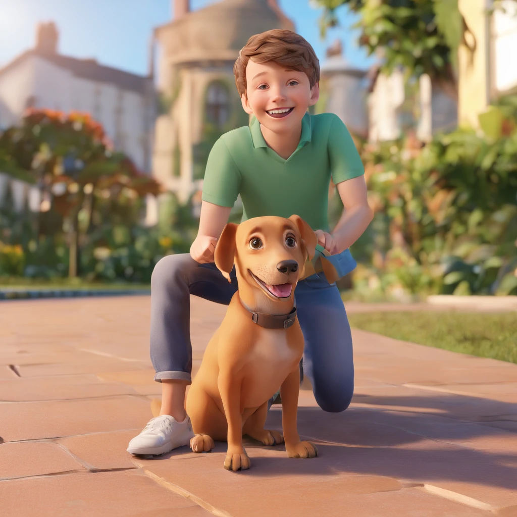 Lucas is a smiling 10-year-old human boy, com seu fiel amigo, Bolt, o cachorro, daschund,deitados no jardim.
