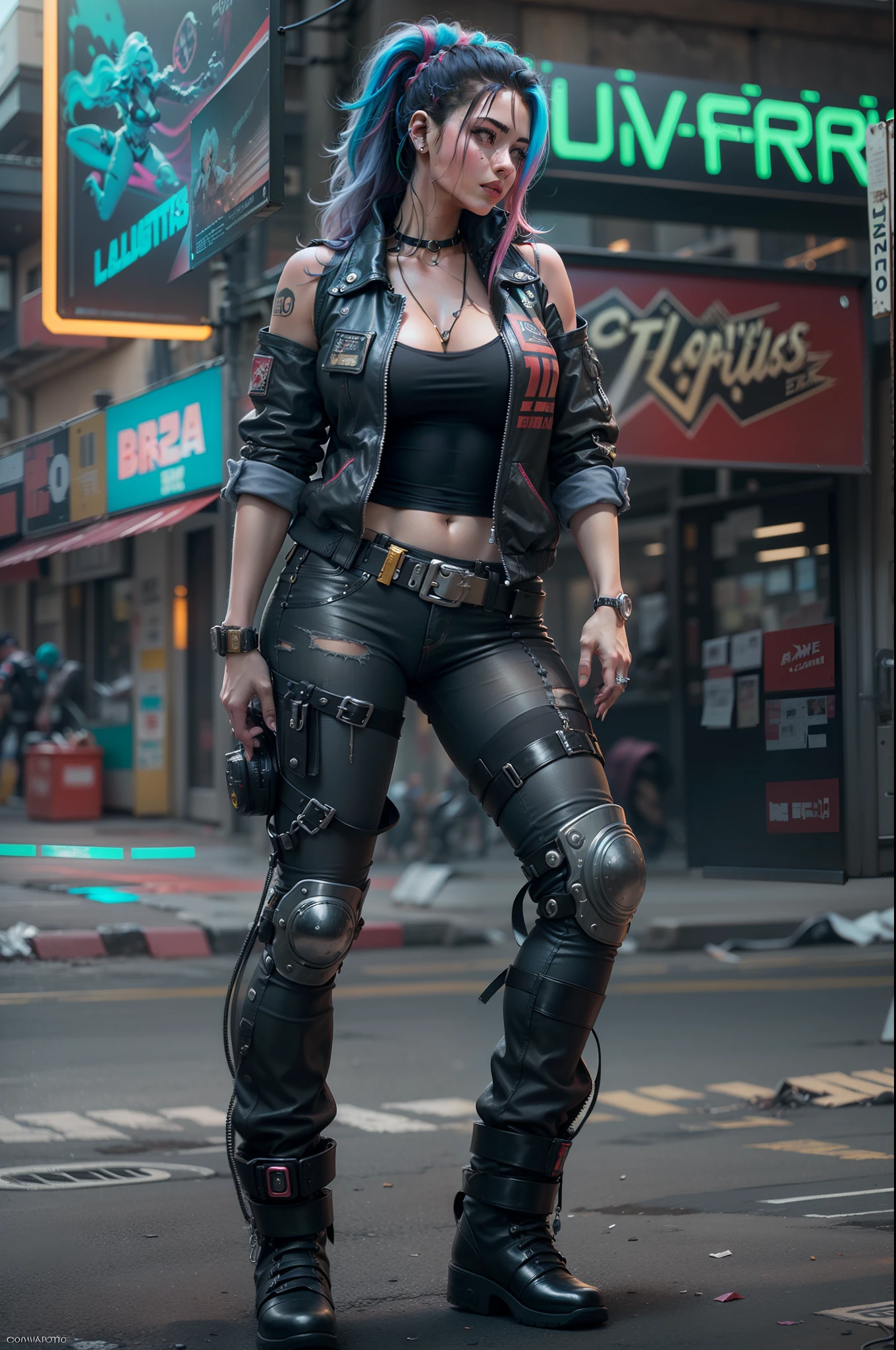 (Foto RAW, best quality, master part:1.2), (Realistic, photo-realistic:1.4),(master part:1.4),(best quality:1.4), (cyberpunk sexy bonito)), ((corpo esguio)), seios grandes, :d, (franja), corar, ((arreio corporal colorido)), ((dynamic pose)), cowboy shot, (((fundo das ruas da cidade cyberpunk))), Hair Intake, ((cabelos longos e disformes)), detalhes em neon brilhantes, Olhando para o Viewer, Fechaduras laterais, sorrir, (((lacuna na coxa))), Coxas, Caudas duplas, cabelos muito longos, cabelos multicoloridos, Alice \(Aceno\),(pele brilhante),Realistic.