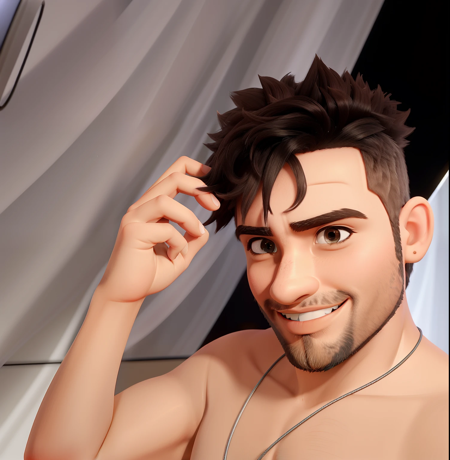 Um jovem sorridente, de cabelos pretos, olhos castanhos,  barba rasa e preta, parado na frente, illuminated by the light of a lamp, contra um pano de fundo de uma paisagem