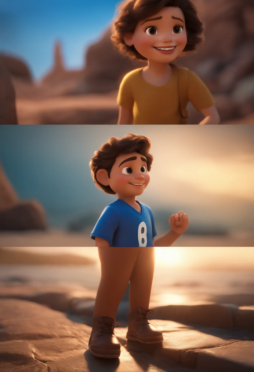 Garoto, estilo disney, tom de pele: claro: Cabelo: marrom escuro, liso, curto, penteado para o lado direito. camisa: social, Cor azul. Fundo: Gray and white gradient,Comemorando, Hands raised, sorrindo, feliz, (estilo pixar) (obra-prima:1.2) (bokeh) (melhor qualidade) (pele detalhada) (textura detalhada) (8k) (claymation) (cinematic lighthing) (foco nítido