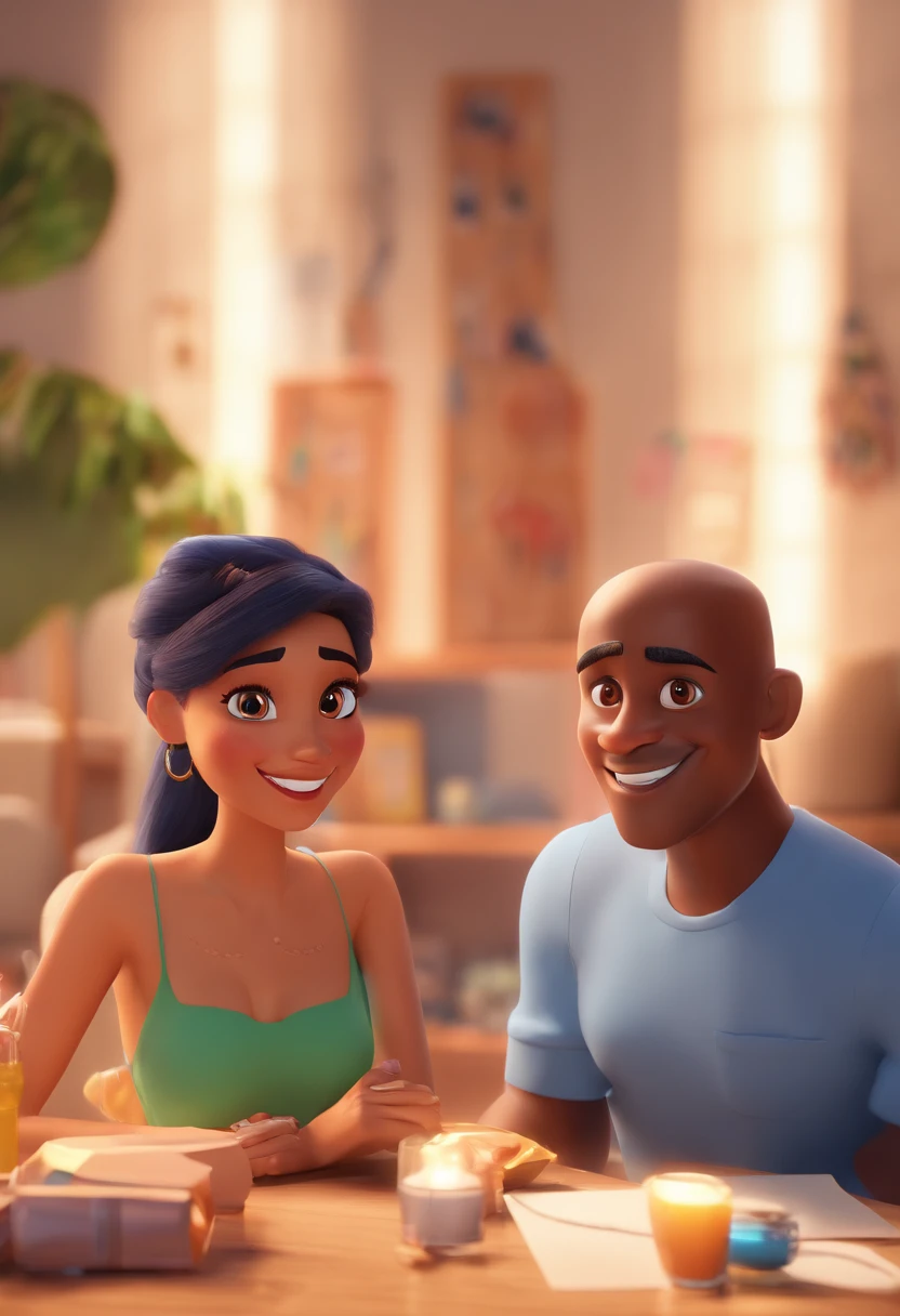 An illustration of an adorable couple, Highlight for a smiling chubby white man and a brunette woman with beautiful expressive eyes - the man's skin is white and the man's hair has, while the woman's skin is black and the woman's hair is straight and brown. They are a bright room, cada um com um sorriso no rosto, e compartilhar um momento especial caracterizado pelo amor, Insights. Illustrate this scene from a perspective where they are facing the camera, Smiling and Showing Your Connection. Desenvolva esta arte em Full HD, Focus on your cinematic touch, Estilo Disney Pixar Animations