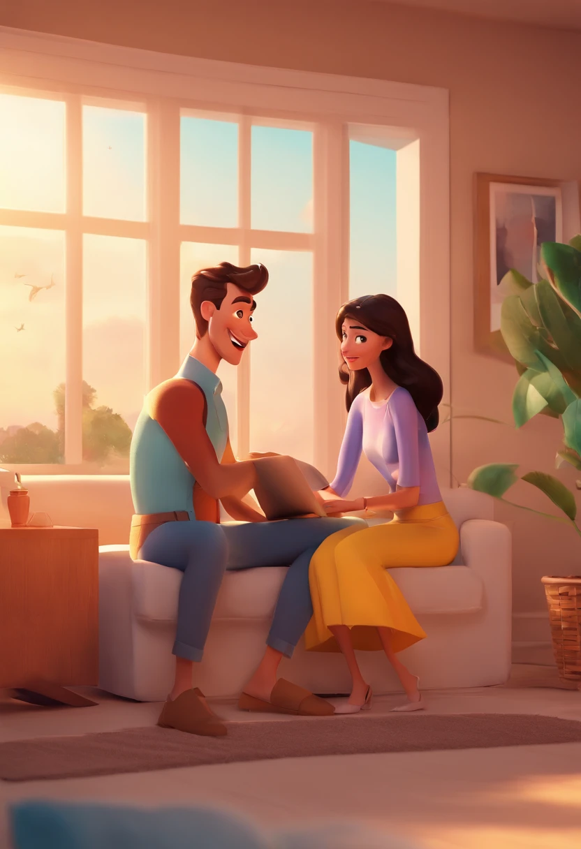 An illustration of an adorable couple, Highlight for a smiling chubby white man and a brunette woman with beautiful expressive eyes - the man's skin is white and the man's hair has, while the woman's skin is black and the woman's hair is straight and brown. They are a bright room, cada um com um sorriso no rosto, e compartilhar um momento especial caracterizado pelo amor, Insights. Illustrate this scene from a perspective where they are facing the camera, Smiling and Showing Your Connection. Desenvolva esta arte em Full HD, Focus on your cinematic touch, Estilo Disney Pixar Animations