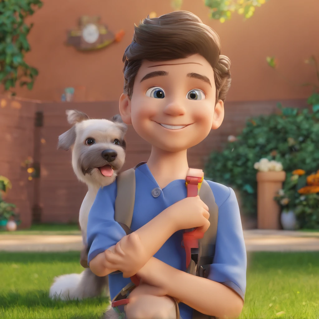 Lucas is a smiling 5-year-old human boy, com seu fiel amigo, Bolt, o cachorro schnauzer, deitados no jardim