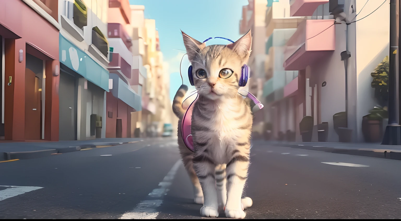 A cute real kitten, wearing headphones and sportswear, jogging on the road like a human being, and talking to the screen in a decent manner. Now I need you to help me present the above copywriting content with pictures in an anthropomorphic way. Note: These real cats must run on two feet like humans. --auto