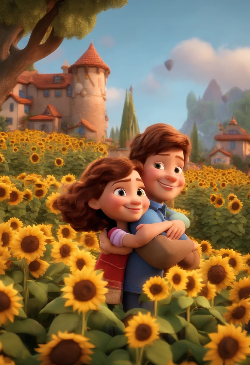 Create a Disney PIXAR-style 3D poster. ((centro da imagem, Triplets)), ((3 children)) ((1 menino no meio e 2 meninas ao lado, They're hugging each other, O menino tem pele castanha e cabelos castanhos escuros e olhos castanhos escuros, 1 menina tem pele clara, olhos e cabelos escuros e cacheados, e a outra menina tem pele morena, olhos escuros e cabelos escuros e lisos)) ((tudo isso no estilo Disney PIXAR 3D, In the background, A house of sunflowers, Gloria Studio, The garden is full of nature 3D render RTX clay material, estilo de design cartunesco, POP Mart, soft lighting, linhas suaves, Spring tilt, Detailed illustrations of PIXAR 3D, Detalhes hiper-realistas, cor quente no estilo Disney PIXAR 3D))