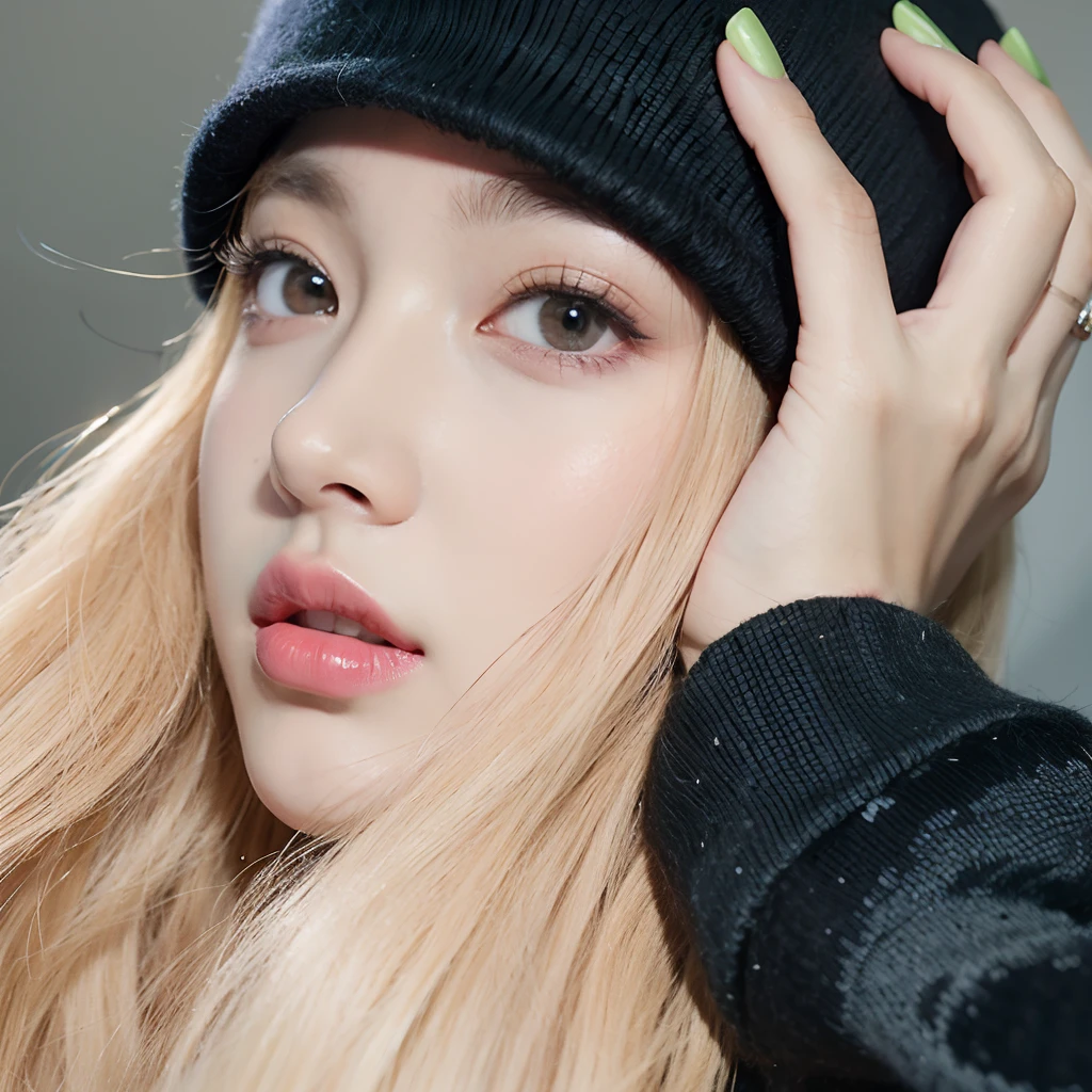 Blonde girl with long hair wearing a black hat and green nails, Parque Roseanne do Blackpink, Retrato de Jossi de Blackpink, jossi do blackpink, Lalisa Manobal, linda Delphine, Lalisa Manoban do Blackpink, Ulzzang, maquiagem sul-coreana popular, wan adorable korean face, longos cabelos loiros e olhos grandes, Jisoo do Blackpink