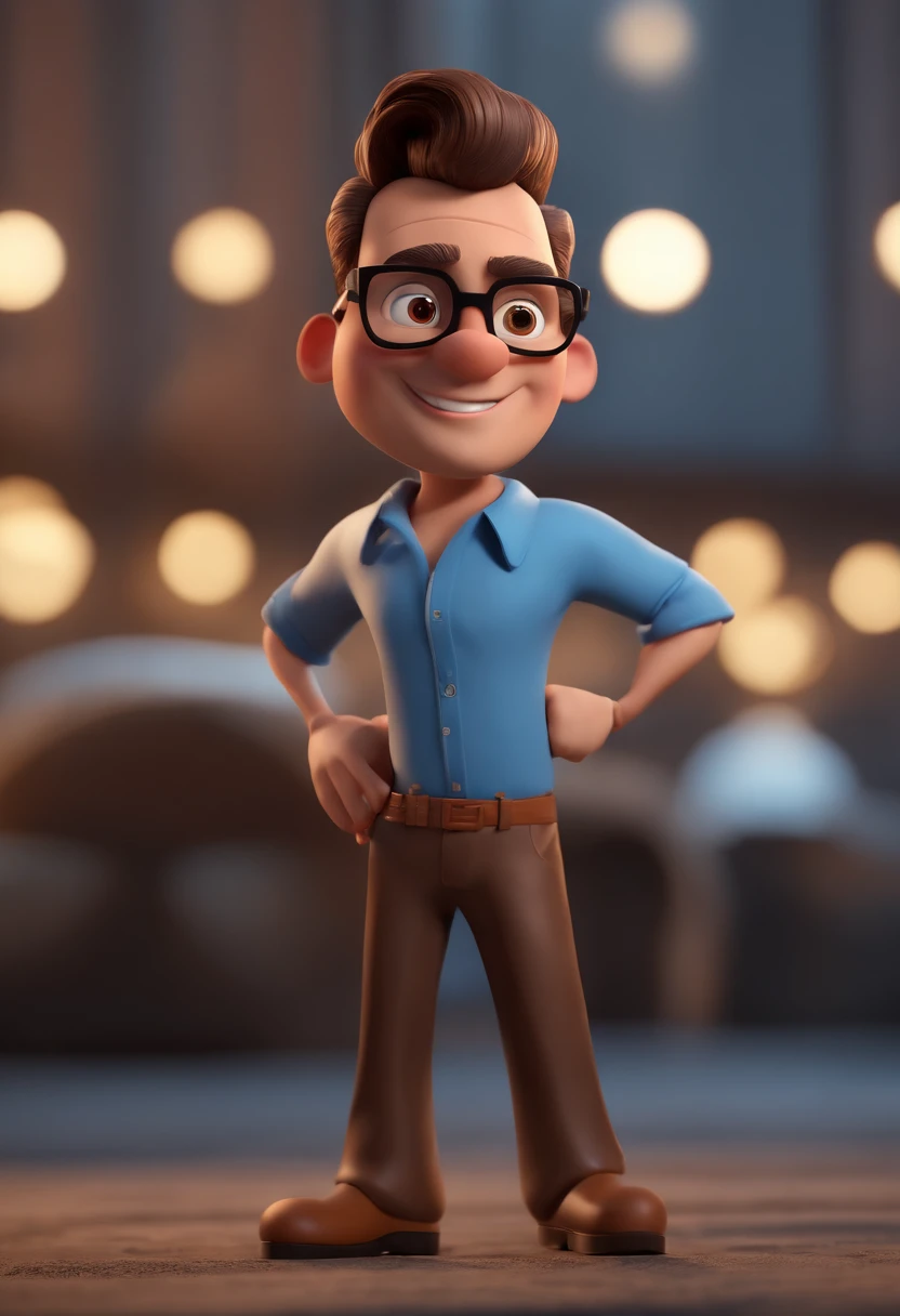 Cartoon character of a man with black glasses and a blue shirt, animation character, Caractere estilizado, animation style rendering, 3D estilizado, Arnold Maya render, 3 d render stylized, toon render keyshot, Personagem 3D, Personagem 3D, 3d rendering stylized, 3 d character render, personagem de desenho animado, Personagem de close up, Pose de personagem, (Estilo Pixar) (master part:1.2) (Bokeh) (best quality) (pele detalhada) (textura detalhada) (8k) (argila) (Cinematic lighting) (foco nítido