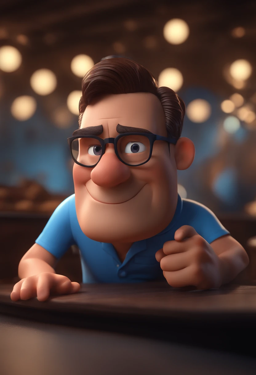 Cartoon character of a man with black glasses and a blue shirt, animation character, Caractere estilizado, animation style rendering, 3D estilizado, Arnold Maya render, 3 d render stylized, toon render keyshot, Personagem 3D, Personagem 3D, 3d rendering stylized, 3 d character render, personagem de desenho animado, Personagem de close up, Pose de personagem,  (Estilo Pixar) (master part:1.2) (Bokeh) (best quality) (pele detalhada) (textura detalhada) (8k) (argila) (Cinematic lighting) (foco nítido