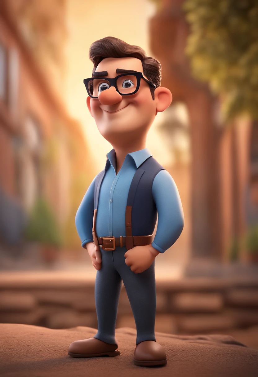 Cartoon character of a man with black glasses and a blue shirt, animation character, Caractere estilizado, animation style rendering, 3D estilizado, Arnold Maya render, 3 d render stylized, toon render keyshot, Personagem 3D, Personagem 3D, 3d rendering stylized, 3 d character render, personagem de desenho animado, Personagem de close up, Pose de personagem,  (Estilo Pixar) (master part:1.2) (Bokeh) (best quality) (pele detalhada) (textura detalhada) (8k) (argila) (Cinematic lighting) (foco nítido