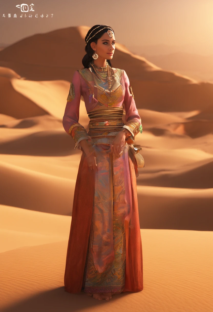 Mulher alafi em traje tradicional segurando um pequeno tambor no deserto, a young woman in shamanic garb, uma menina segurando uma esfera, the setting of the movie Silk Road, Juventude bonita, foto de retrato, princesa antiga Lieb, The desert escape line is below the woman's waist, The sky is clear and transparent.