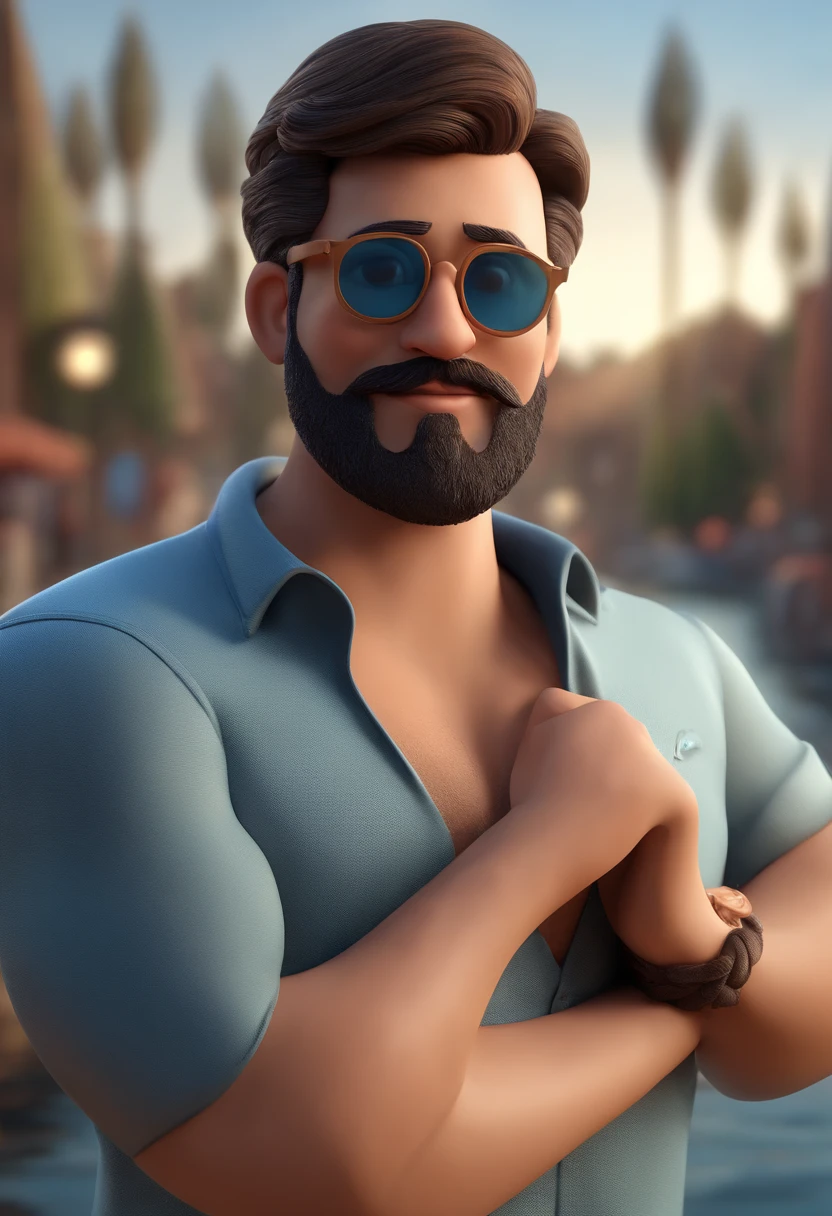 Cartoon character of a man with black sunglasses and a blue fisher shirt, beard, handsomeanimation character, Caractere estilizado, animation style rendering, 3D estilizado, Arnold Maya render, 3 d render stylized, toon render keyshot, Personagem 3D, Personagem 3D, 3d rendering stylized, 3 d character render, personagem de desenho animado, Personagem de close up, Pose de personagem, (Estilo Pixar) (master part:1.2) (Bokeh) (best quality) (pele detalhada) (textura detalhada) (8k) (argila) (Cinematic lighting) (foco nítido