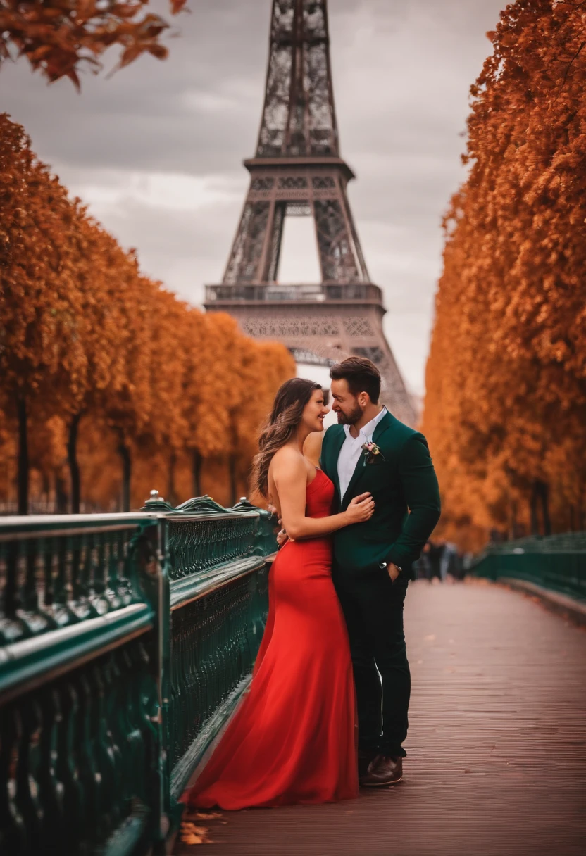A couple on a bridge in front of Eiffel Tower