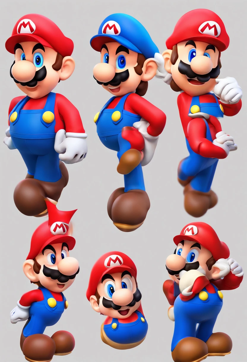 (Mario), design de personagens, Nintendo Super Mario, (olhos azuis, red hat, terno vermelho, blue suspenders, luvas brancas, )super bonito estilo caixa cega, Chibi, corpo inteiro, exaggerated expressions and actions, fundo limpo, Destaques iridescentes brilhantes, studio lighting, Atmospheric Illumination, com textura requintada, High detail, high resolution, c4d, ..3d, Liquidificador, 8k, best quality, Ultra High Definition