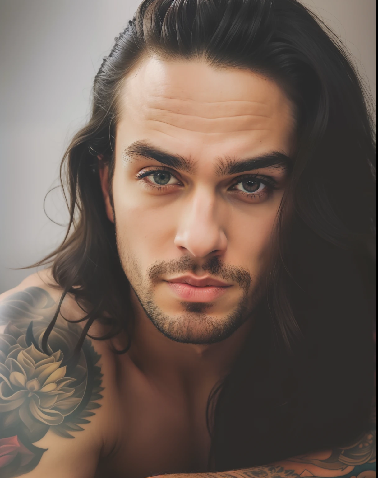 Homem arafed com cabelos longos e tatuagens deitado em uma cama, com cabelos longos e olhos penetrantes, Rosto Masculino, cara bonita, rosto masculino bonito, rosto bonito perfeito, rosto bonito e rosto bonito, cara perfeita e menino, Anato Finnstark. rostos perfeitos, Macho bonito, large eyes and flowing long hair, jovem bonito, macho atraente, bonito rosto detalhado estilo Pixar 8k
