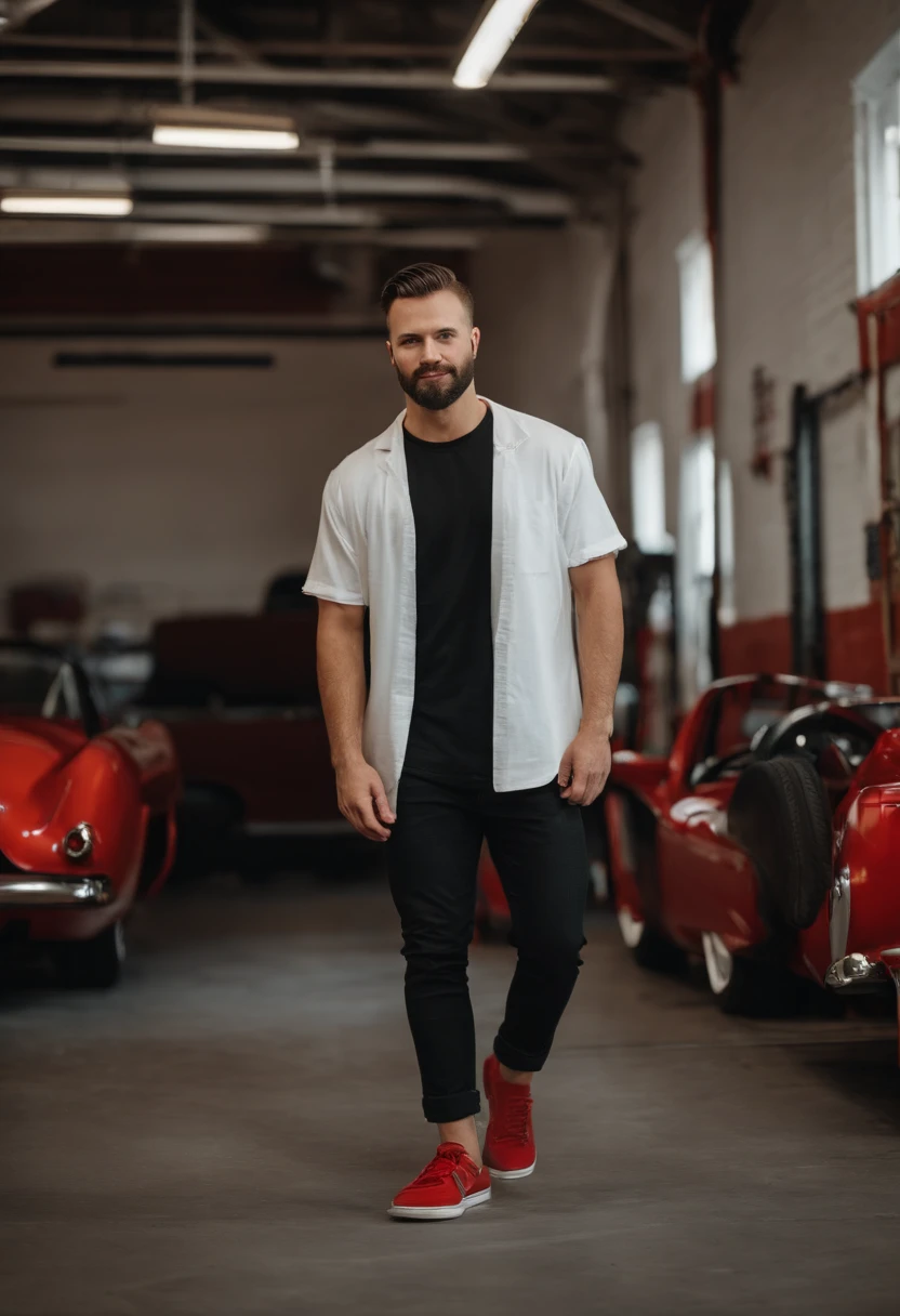 33-year-old man, white, brown eyes, 1.70 tall, defined body, undercut hair, short stubble beard, wearing a black t-shirt with well garage written on the left side, black pants and red all stars sneakers. inside a detail car workshop