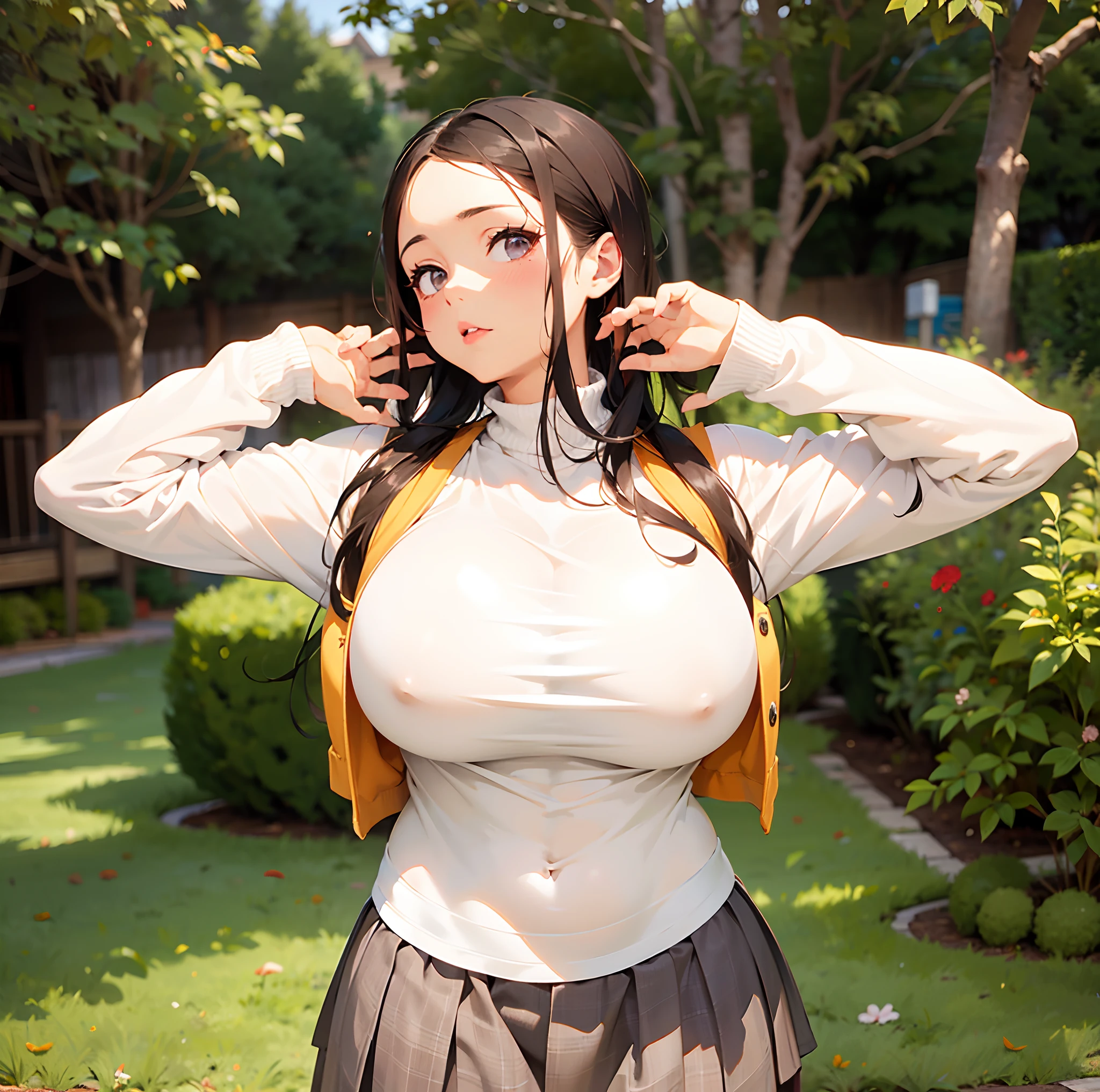 there is a woman that is posing for a picture in a skirt, thicc, angelawhite, wearing tight shirt, in white turtleneck shirt, covered sfw huge breasts, tight attire, lorena avarez, tight shirt, open v chest clothes, white skirt and barechest, big breasts!, busty, clothed in white shirt, looking to the side