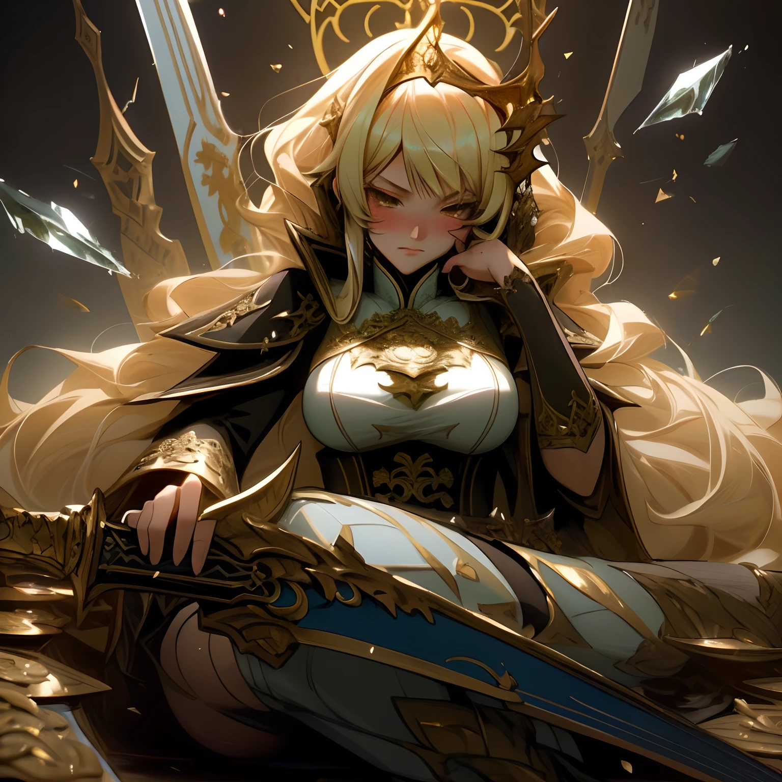 anime girl with sword and dragon in background, anime fantasy artwork, anime fantasy illustration, badass anime 8 k, anime art wallpaper 4 k, anime art wallpaper 4k, 2. 5 d cgi anime fantasy artwork, anime art wallpaper 8 k, detailed digital anime art, beautiful fantasy anime, anime epic artwork, 4k anime wallpaper, detailed anime artwork, sexy, sexy, big boobs, women, A queen is sitting on a throne in the underwater palace, anime style , dragon girl, amor dragon, blade dragon, dragon wings , (masterpiece, best quality, ultra-detailed, best shadow), (detailed background,dark fantasy), (beautiful detailed face), high contrast, (best illumination, an extremely delicate and beautiful), ((cinematic light)), colorful, hyper detail, dramatic light, intricate details, (1 girl, solo, sharp face, . Blonde hair,super long hair, thin bangs hime cut, long lashes,dynamic angle), blood splatter, swirling black light around the character, depth of field,black light particles,(broken glass),magic circle