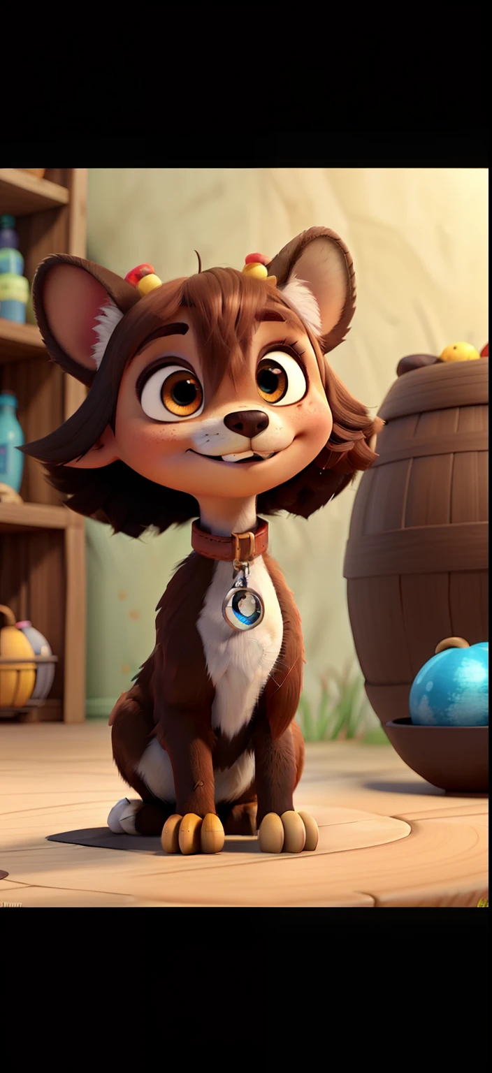 Cadelinha chiuaua plagem media cor branca com manchas marrom olhos grandes com pelo preto.em volta, Bone plaque on the neck with the name Valentina. Imagem estilo pixar da Disney