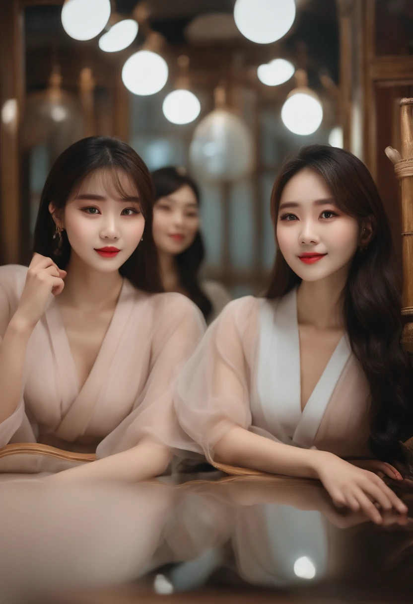 Three Asian women pose in a room for a photo, Ulzzang, 3 sisters looking at each other in the mirror, 8k)), maquiagem coreana popular, foto do perfil, Beautiful girl, Foto selfie 8k, bonito - fino - rosto, maquiagem coreana popular, Xision Wu, bonito, meninana, foto de perfil do avatar, Sakimichan, Very high quality, realismo super realista, super requinte, alta qualidade, 8K resolution, Estilo diverso, ombros nus sem mostrar o peito,