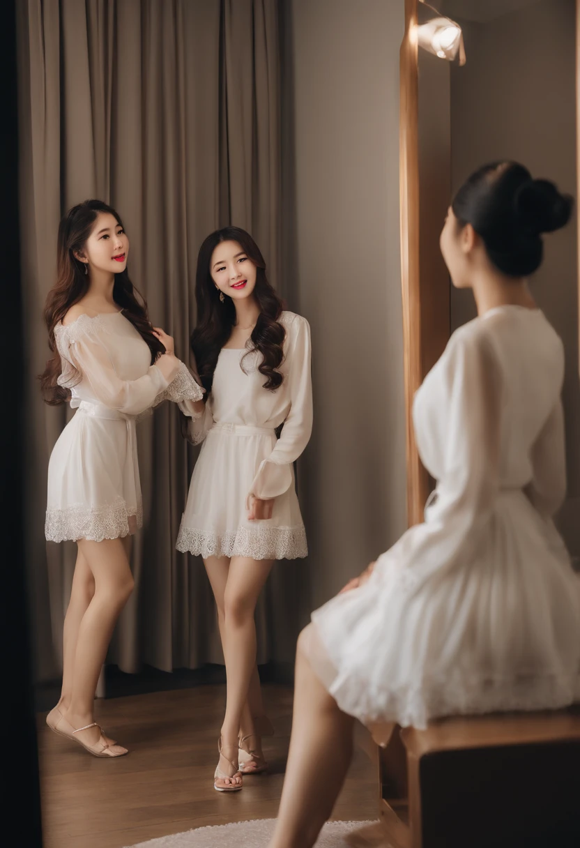 Three Asian women pose in a room for a photo, Ulzzang, 3 sisters looking at each other in the mirror, 8k)), maquiagem coreana popular, foto do perfil, Beautiful girl, Foto selfie 8k, bonito - fino - rosto, maquiagem coreana popular, Xision Wu, bonito, meninana, foto de perfil do avatar, Sakimichan, Very high quality, realismo super realista, super requinte, alta qualidade, 8K resolution, Estilo diverso, ombros nus sem mostrar o peito,