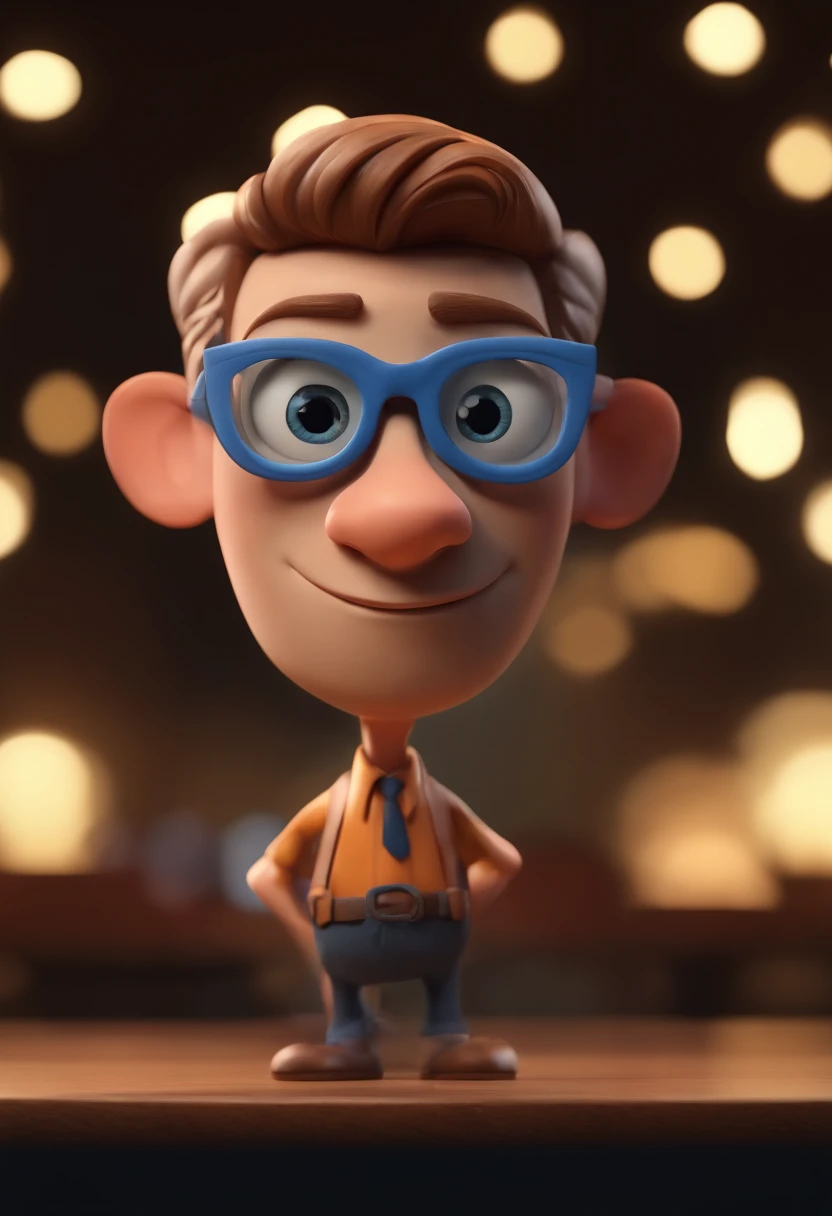 Cartoon character of a man wearing black glasses and a blue shirt, um personagem animado, Caractere estilizado, animation style rendering, 3D estilizado, Arnold Maya render, 3 d render stylized, toon render keyshot, Personagem 3D, Personagem 3D, 3d rendering stylized, 3 d character render, personagem de desenho animado, Personagem de close up, Pose de personagem, (Estilo Pixar) (master part:1.2) (Bokeh) (best quality) (pele detalhada) (textura detalhada) (8k) (argila) (Cinematic lighting) (foco nítido，Senta e vaza a parte superior do corpo