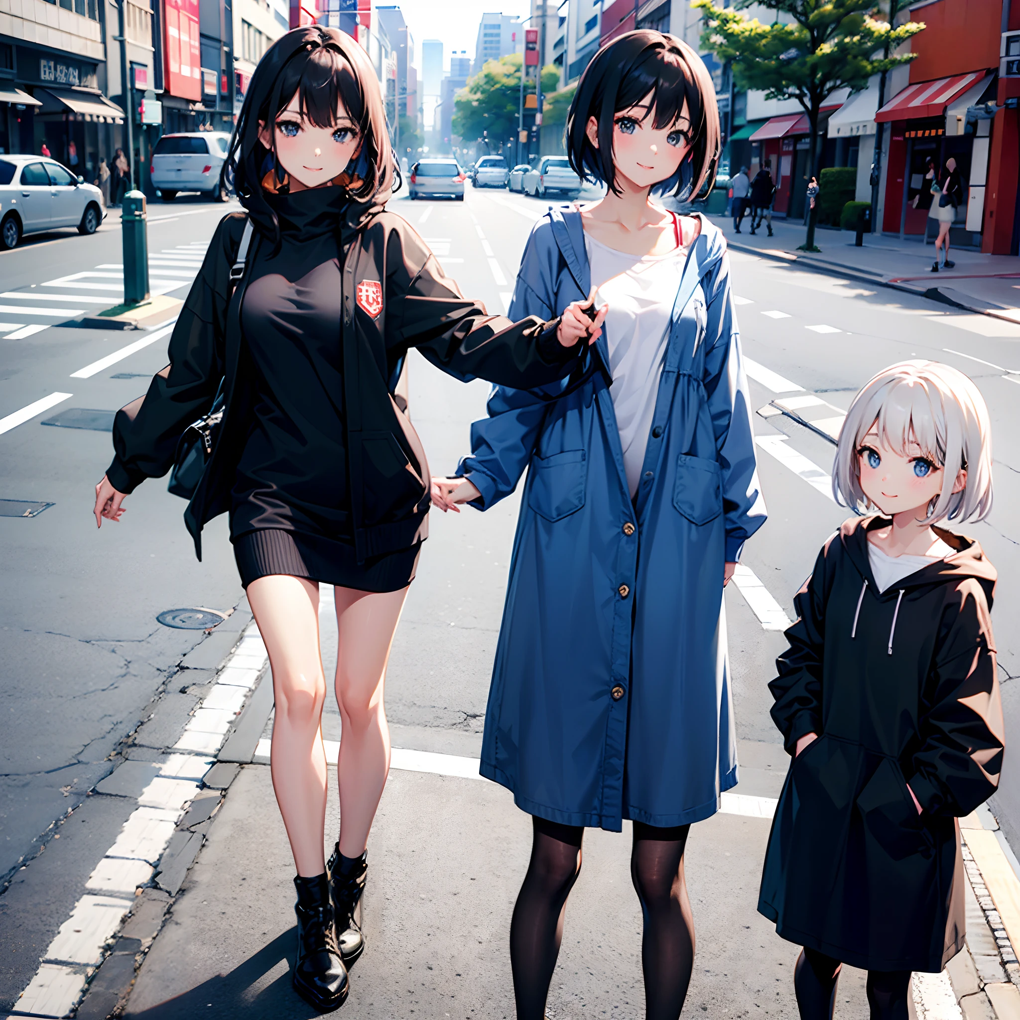 Two Japan women exposed in a park on the Sumida River in Japan、She was a 27-year-old woman with loose, fluffy short hair and lobbed hair、One is a 31-year-old woman with small breasts and a dark brown lob、The two are having fun、small tits、Small、discreet breasts、street snap、Adult Women's Plain Clothes、Sheer feeling、Beautuful Women、Looking at me with a smile、She is wearing an ivory zip-up hoodie with the zipper down and the front open、、Black long coat、Black miniskirt、White inner camisole