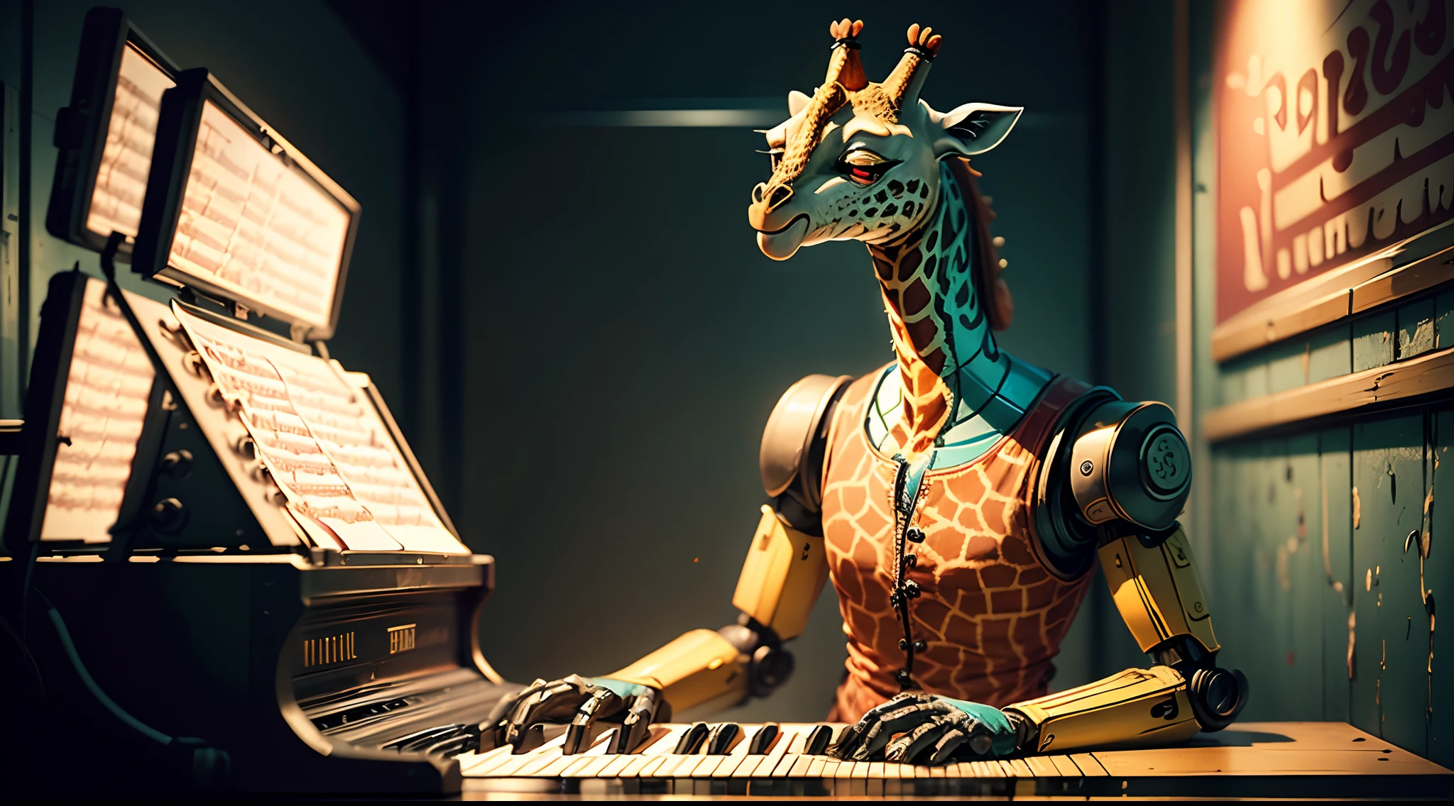 five nights with fredi animatronic giraffe robot in a vest plays the piano in a pizzeria HD,Hdr,Full hd