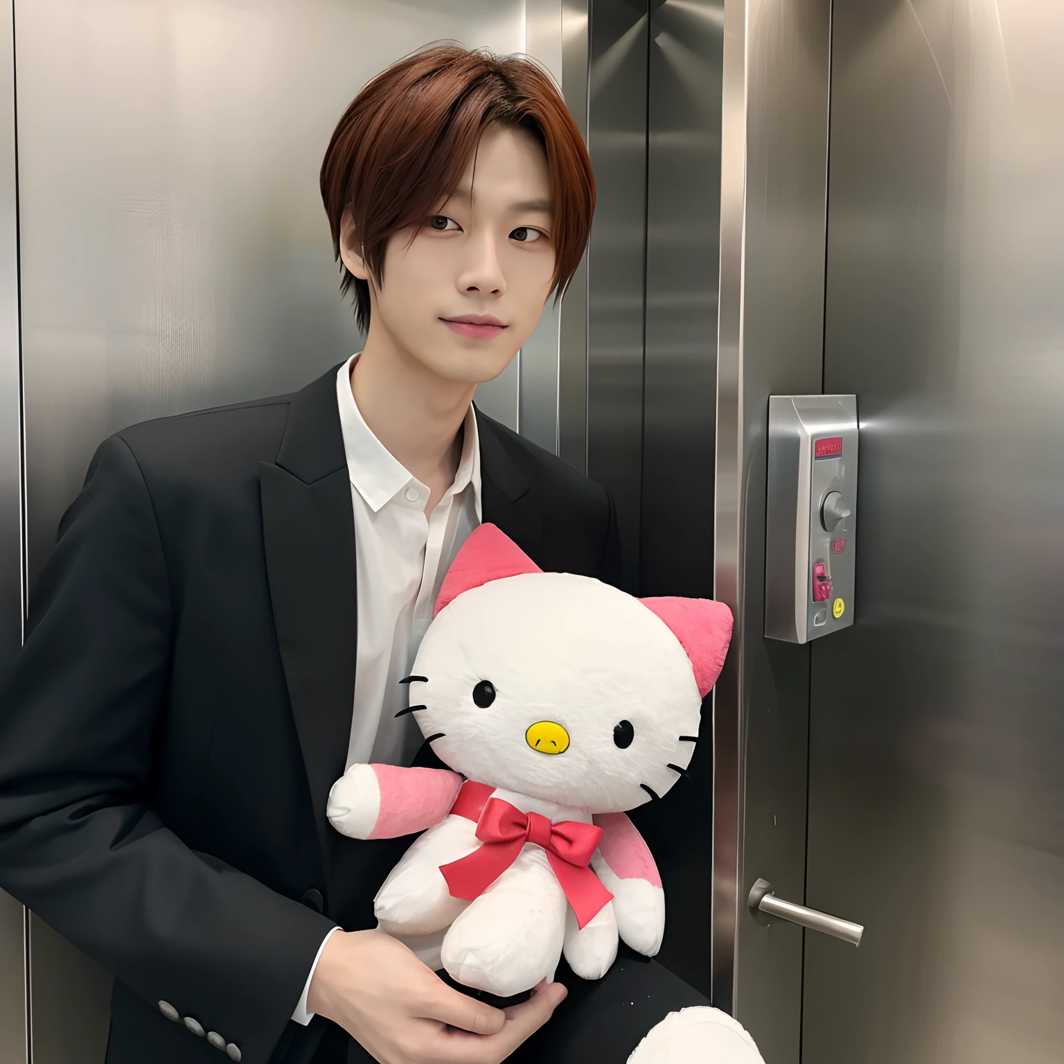 Japanese man, nakamoto yuta From NCT 127, holding a hello kitty, plush and a elevator realistic