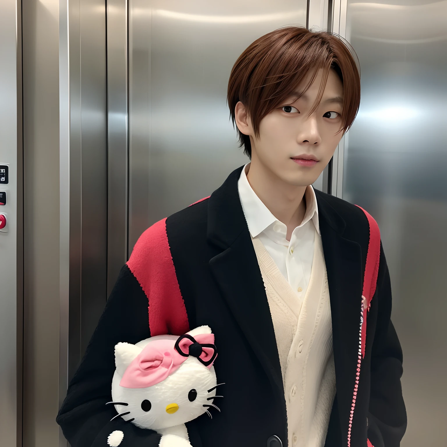 Japanese man, nakamoto yuta From NCT 127, holding a hello kitty, plush and a elevator realistic