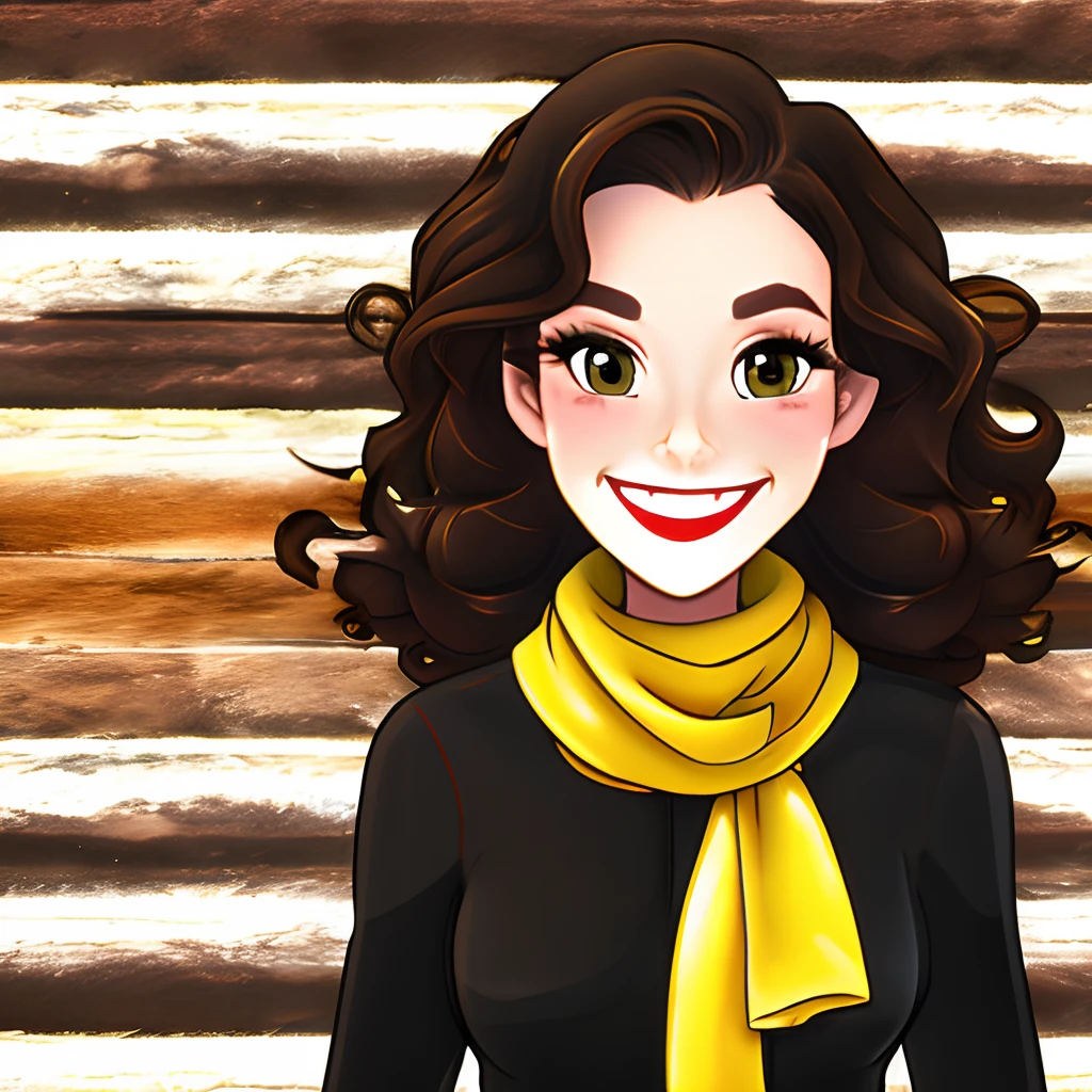 white woman with long loose dark brown curly hair, 3b curvature, dark brown eyes, Italian nose, red lipstick, smiling straw yellow jacket, with white blouse underneath, yellow scarf around her neck and black pants in a cartoon version