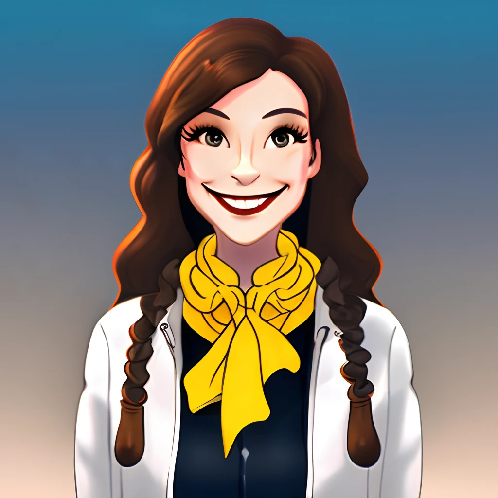 white woman with long loose dark brown curly hair, 3b curvature, dark brown eyes, Italian nose, red lipstick, smiling straw yellow jacket, with white blouse underneath, yellow scarf around her neck and black pants in a cartoon version