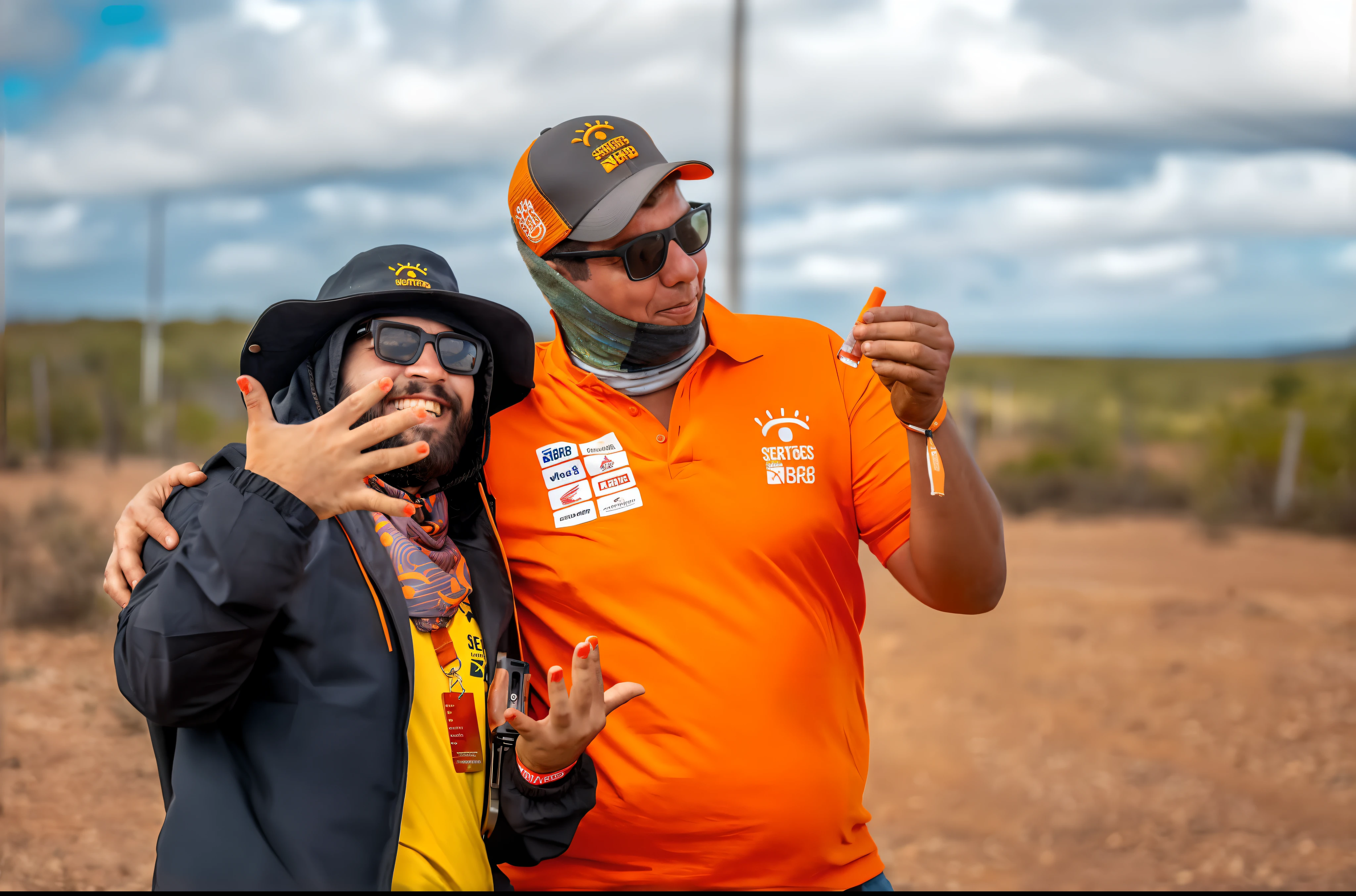 It's two men standing in the dirt with one holding a cell phone, 2 0 2 2 foto, Directed by: Lee Loughridge, two aboriginal elders, fazer uma pausa para fumar, Nos bastidores, tiro de longe, Capturado na Canon EOS R 6, wearing orange sunglasses, Condutor de Ene, foto de um espectador, Tiro OTS, com o dedo indicador