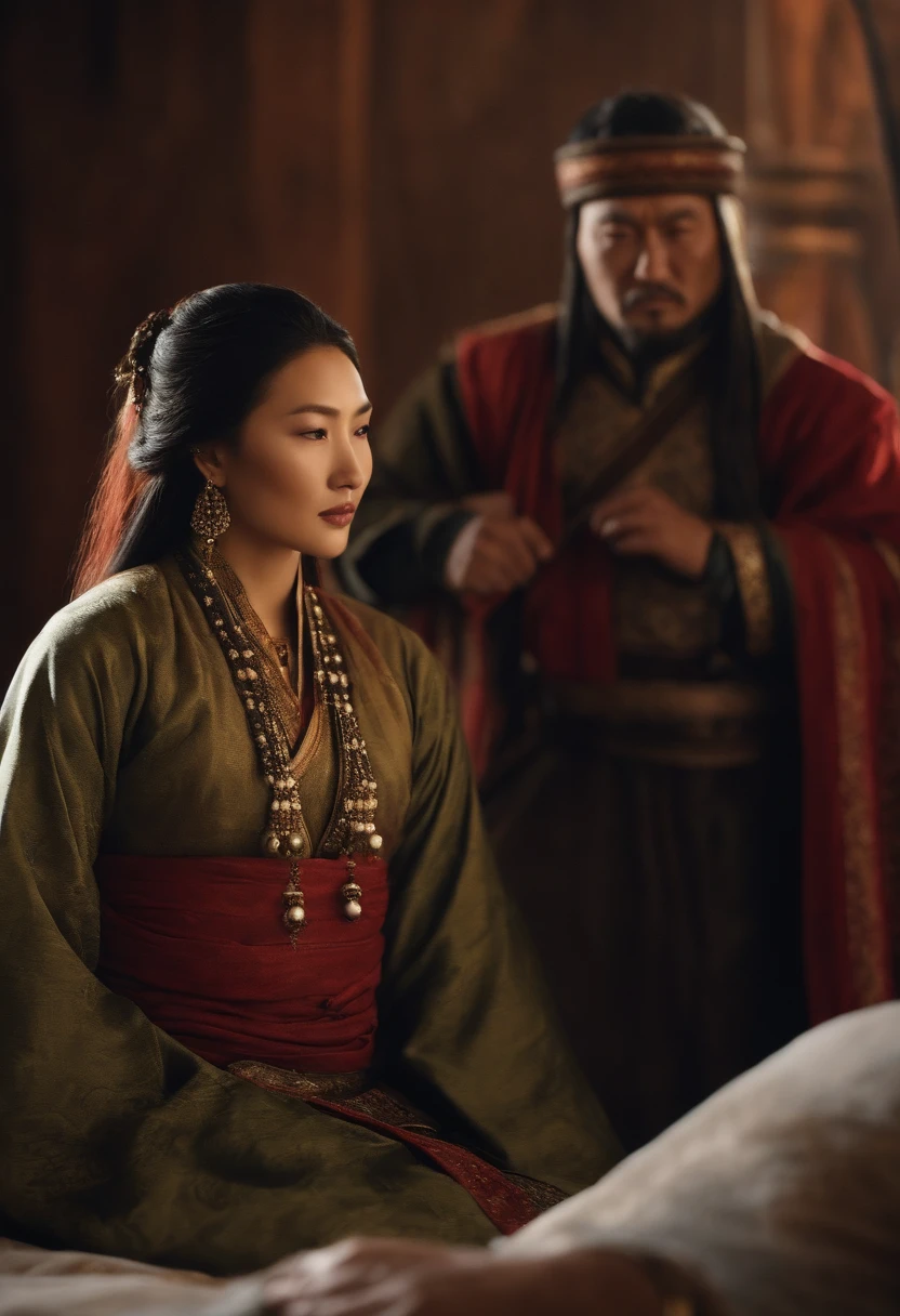 Genghis Khan's daughter is alone with her husband, cinematic, realistic, artistic