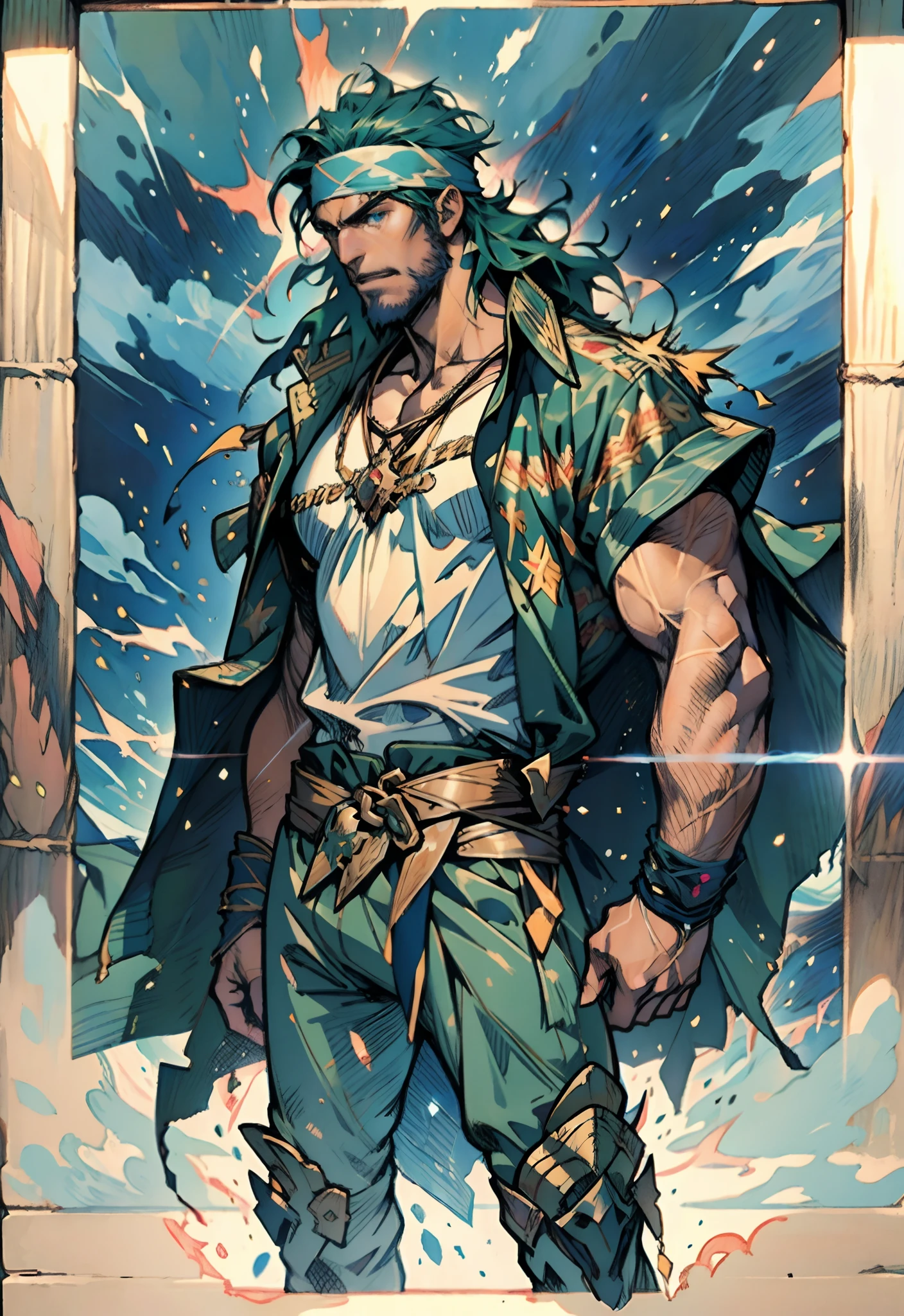 A middle-aged man, dark green long hair, wildly disheveled and exaggerated hairstyle, a headband, no eyebrows, a stern gaze, a well-defined facial structure, a tall and muscular physique, a fantasy-realistic style outfit, only a half-length windbreaker coat, sleeveless, revealing sturdy abdominal muscles, wearing wrist guards adorned with sharp teeth, matching trousers with the outfit, standing like a deity, dark clouds gathering in the sky, flashes of lightning and thunder, wild winds swirling around, this character embodies a finely crafted fantasy-style wild overlord in anime style, characterized by an exquisite and mature manga illustration art style, high definition, best quality, highres, ultra-detailed, ultra-fine painting, extremely delicate, professional, anatomically correct, symmetrical face, extremely detailed eyes and face, high quality eyes, creativity, RAW photo, UHD, 8k, Natural light, cinematic lighting, masterpiece-anatomy-perfect, masterpiece:1.5