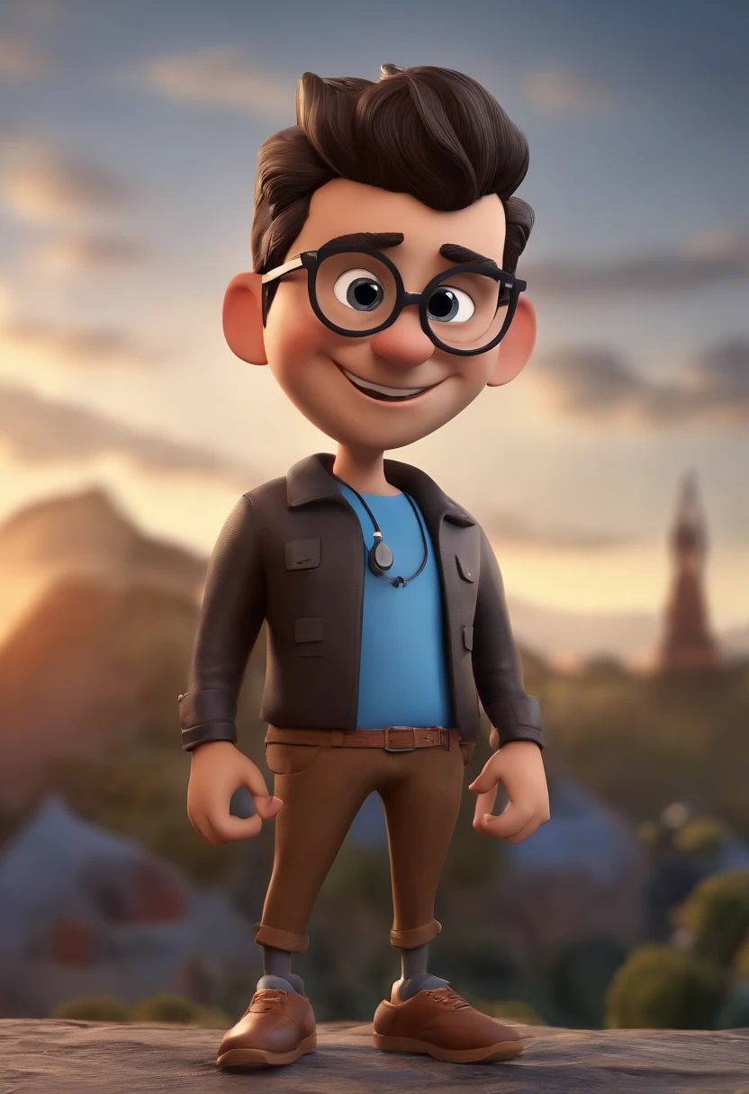 Personaje de dibujos animados de un hombre con gafas negras y una camisa azul, Un personaje animado, stylized character, Rendering animation styles, 3D estilizado, Arnold Maya render, 3D render estilizado, Toon renderizar keyshot, Personaje 3D, Personaje 3D, Renderizado 3D estilizado, Renderizado de 3 caracteres D, Personaje de dibujos animados, Personaje de primer plano, Pose del personaje, (estilo pixar) (Pieza maestra:1.2) (Bokeh) (La mejor calidad) (Piel detallada) (Textura detallada) (8k) (arcilla) (cinematic lighting) (foco nítido,Se sienta y ahueca la parte superior del cuerpo