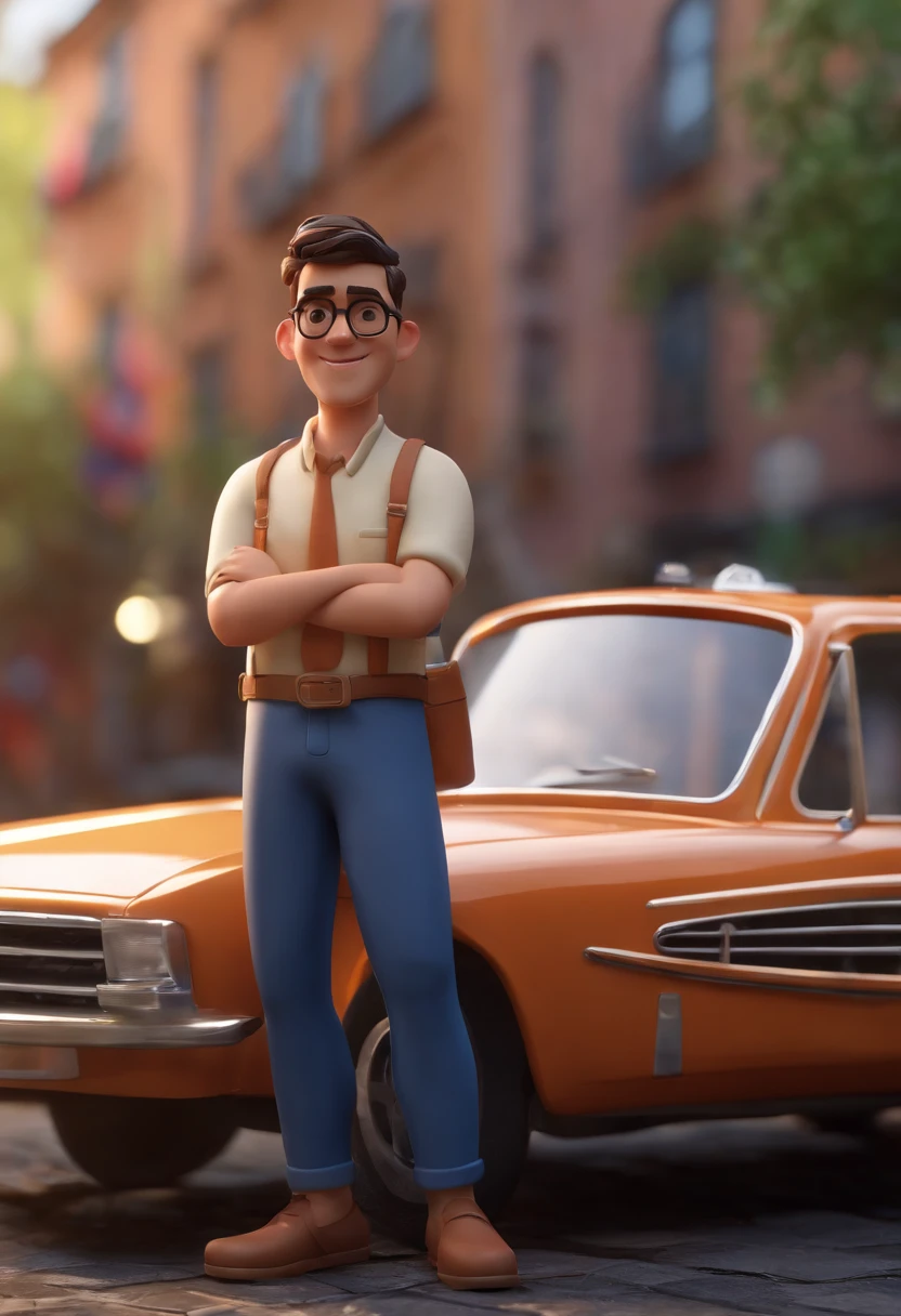 Personaje de dibujos animados de un hombre con gafas negras y una camisa azul, Un personaje animado, stylized character, Rendering animation styles, 3D estilizado, Arnold Maya render, 3D render estilizado, Toon renderizar keyshot, Personaje 3D, Personaje 3D, Renderizado 3D estilizado, Renderizado de 3 caracteres D, Personaje de dibujos animados, Personaje de primer plano, Pose del personaje, (estilo pixar) (Pieza maestra:1.2) (Bokeh) (La mejor calidad) (Piel detallada) (Textura detallada) (8k) (arcilla) (cinematic lighting) (foco nítido,Se sienta y ahueca la parte superior del cuerpo