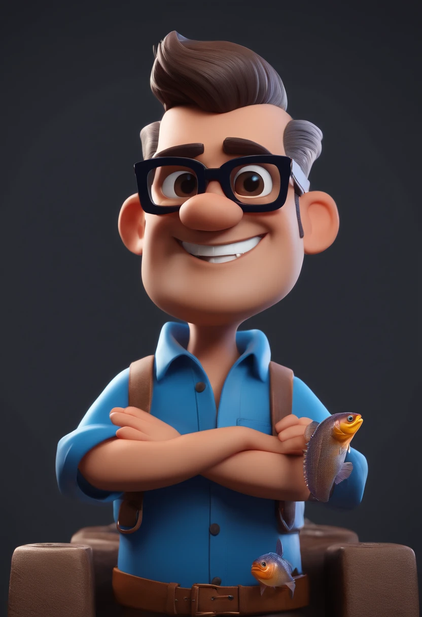 Cartoon character of a man with black sunglasses and a blue shirt with a fish, topknot, beard, fisherman animation character, Caractere estilizado, animation style rendering, 3D estilizado, Arnold Maya render, 3 d render stylized, toon render keyshot, Personagem 3D, Personagem 3D, 3d rendering stylized, 3 d character render, personagem de desenho animado, Personagem de close up, Pose de personagem,  (Estilo Pixar) (master part:1.2) (Bokeh) (best quality) (pele detalhada) (textura detalhada) (8k) (argila) (Cinematic lighting) (foco nítido