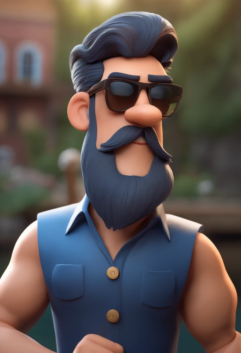 Cartoon character of a man with black sunglasses and a blue shirt with a fish, topknot, beard, fisherman animation character, Caractere estilizado, animation style rendering, 3D estilizado, Arnold Maya render, 3 d render stylized, toon render keyshot, Personagem 3D, Personagem 3D, 3d rendering stylized, 3 d character render, personagem de desenho animado, Personagem de close up, Pose de personagem, (Estilo Pixar) (master part:1.2) (Bokeh) (best quality) (pele detalhada) (textura detalhada) (8k) (argila) (Cinematic lighting) (foco nítido