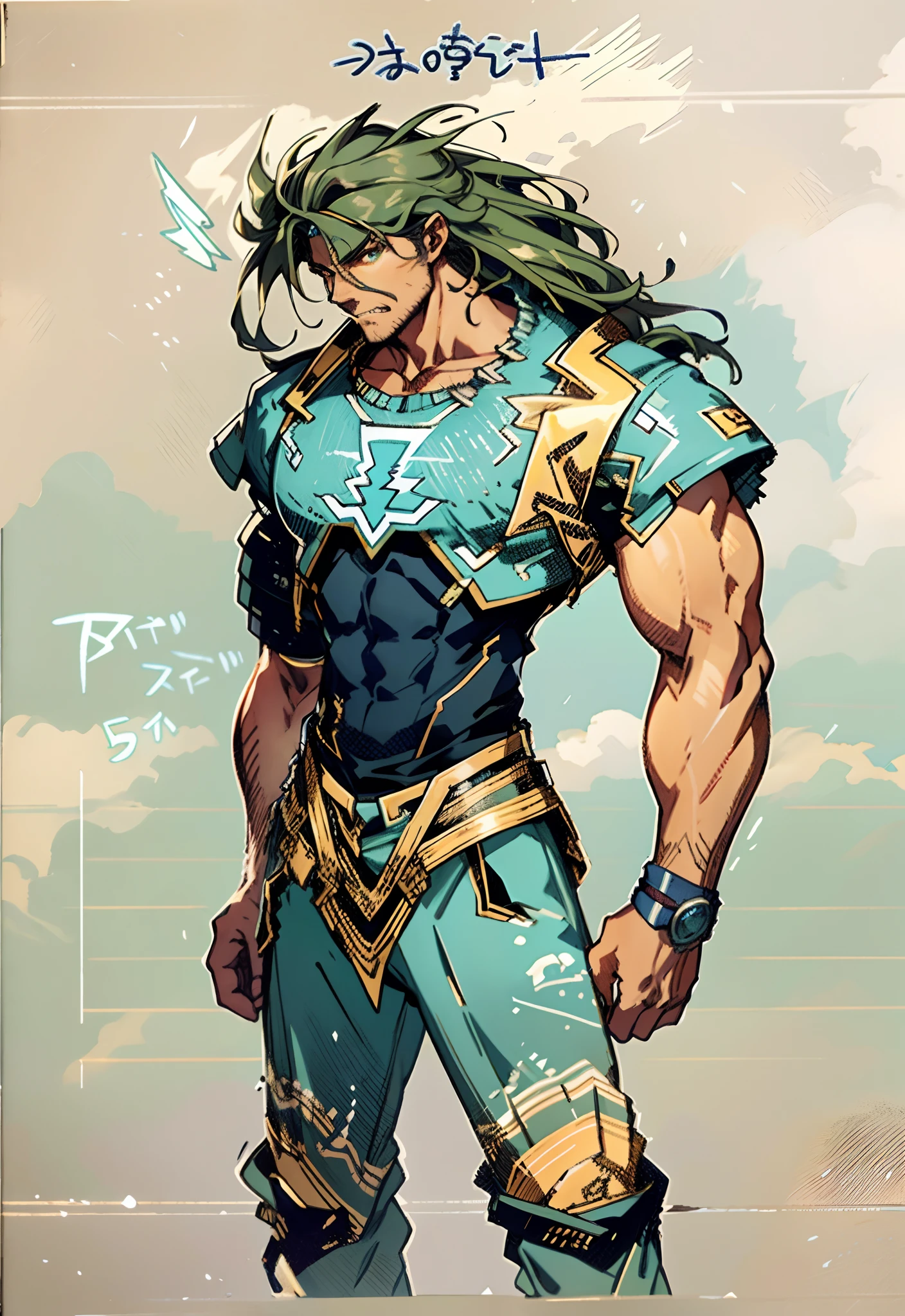 A middle-aged man, dark green long hair, wildly disheveled and exaggerated hairstyle, a headband, no eyebrows, a stern gaze, a well-defined facial structure, a tall and muscular physique, a fantasy-realistic style outfit, only a half-length windbreaker coat, sleeveless, revealing sturdy abdominal muscles, wearing wrist guards adorned with sharp teeth, matching trousers with the outfit, standing like a deity, dark clouds gathering in the sky, flashes of lightning and thunder, wild winds swirling around, this character embodies a finely crafted fantasy-style wild overlord in anime style, characterized by an exquisite and mature manga illustration art style, high definition, best quality, highres, ultra-detailed, ultra-fine painting, extremely delicate, professional, anatomically correct, symmetrical face, extremely detailed eyes and face, high quality eyes, creativity, RAW photo, UHD, 8k, Natural light, cinematic lighting, masterpiece-anatomy-perfect, masterpiece:1.5