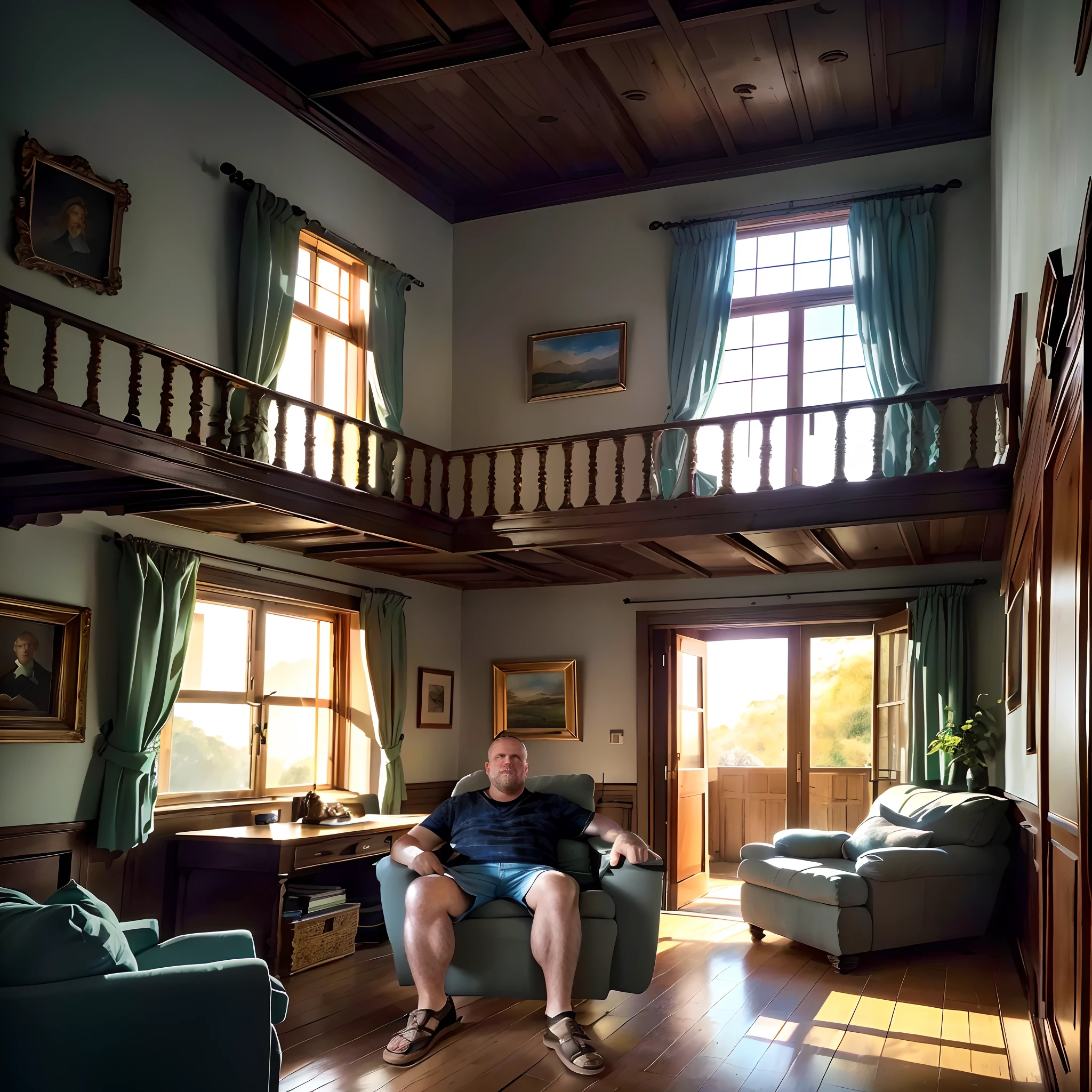 There is a man sitting in a chair in a living room, sentado na sala de estar rural, em sua casa hobbit, home fotografia retrato, dentro de um grande, sentado em um castelo, em uma casa antiga. hyper realistic, Retrato Amplo, Estilo Erik Johansson, Retrato Grande Angular, Directed by: Matthias Stom, foto de retrato, tetos muito altos