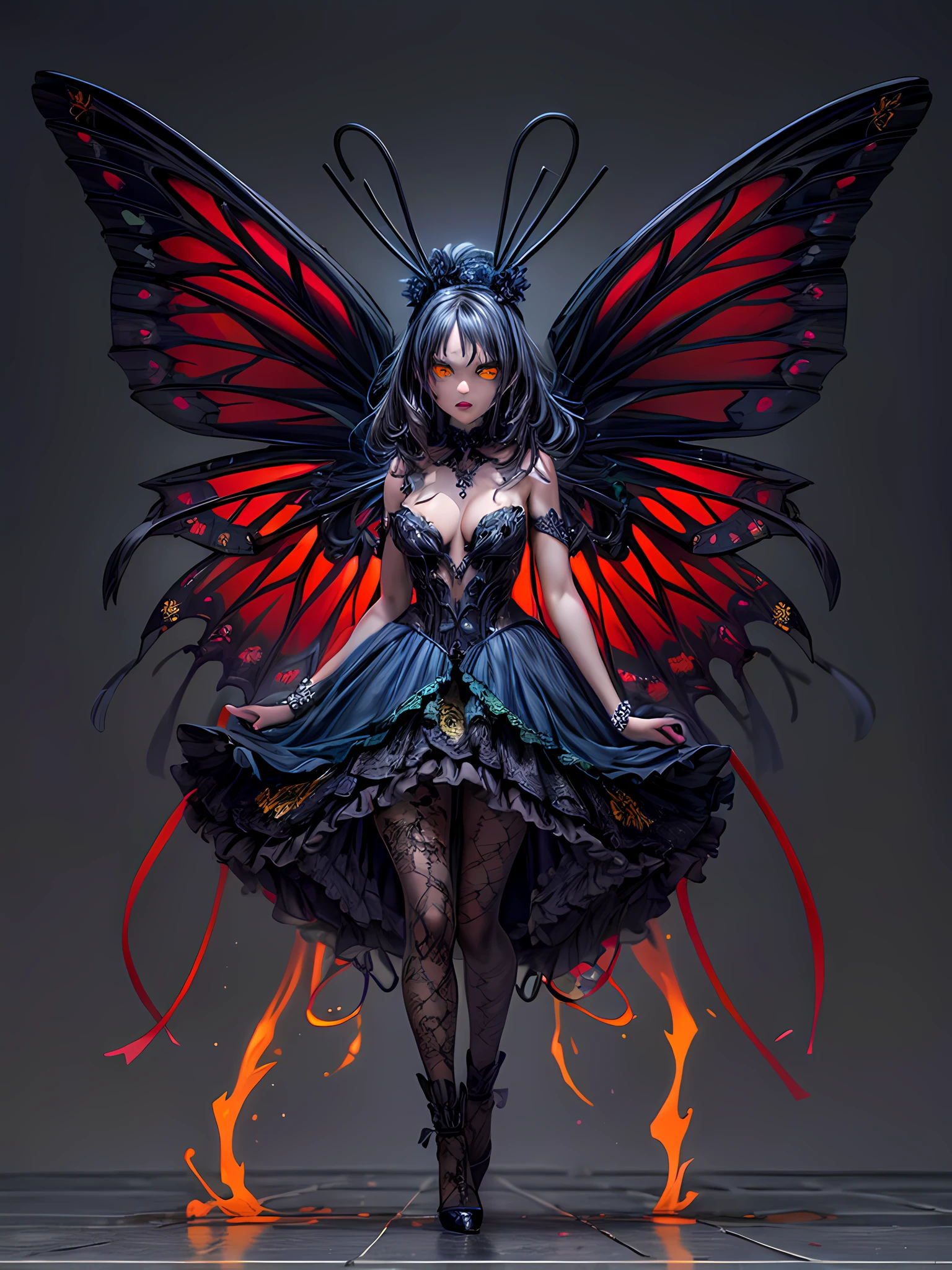 high details, best quality, 16k, RAW, [best detailed], masterpiece, best quality, (extremely detailed), (full body: 1.2), ultra wide shot, photorealistic, dark fantasy art, gothic art, an award winning photoshoot picture of an a dark vampiric fairy, exquisite beautifully fairy, ultra feminine, ultra detailed face,  red skin, black hair, glowing yellow eyes, black and red butterfly wings, wearing  clinging intricate details blue dress, wearing high heels,  walking on a fashion the (catwalk on fire on the runway of a famous fashion show: 1.1), model fashion show background,  High Detail, Ultra High Quality, High Resolution, 16K Resolution, Ultra HD Pictures, Ultra Realistic, Clear Details, Realistic Detail, Ultra High Definition