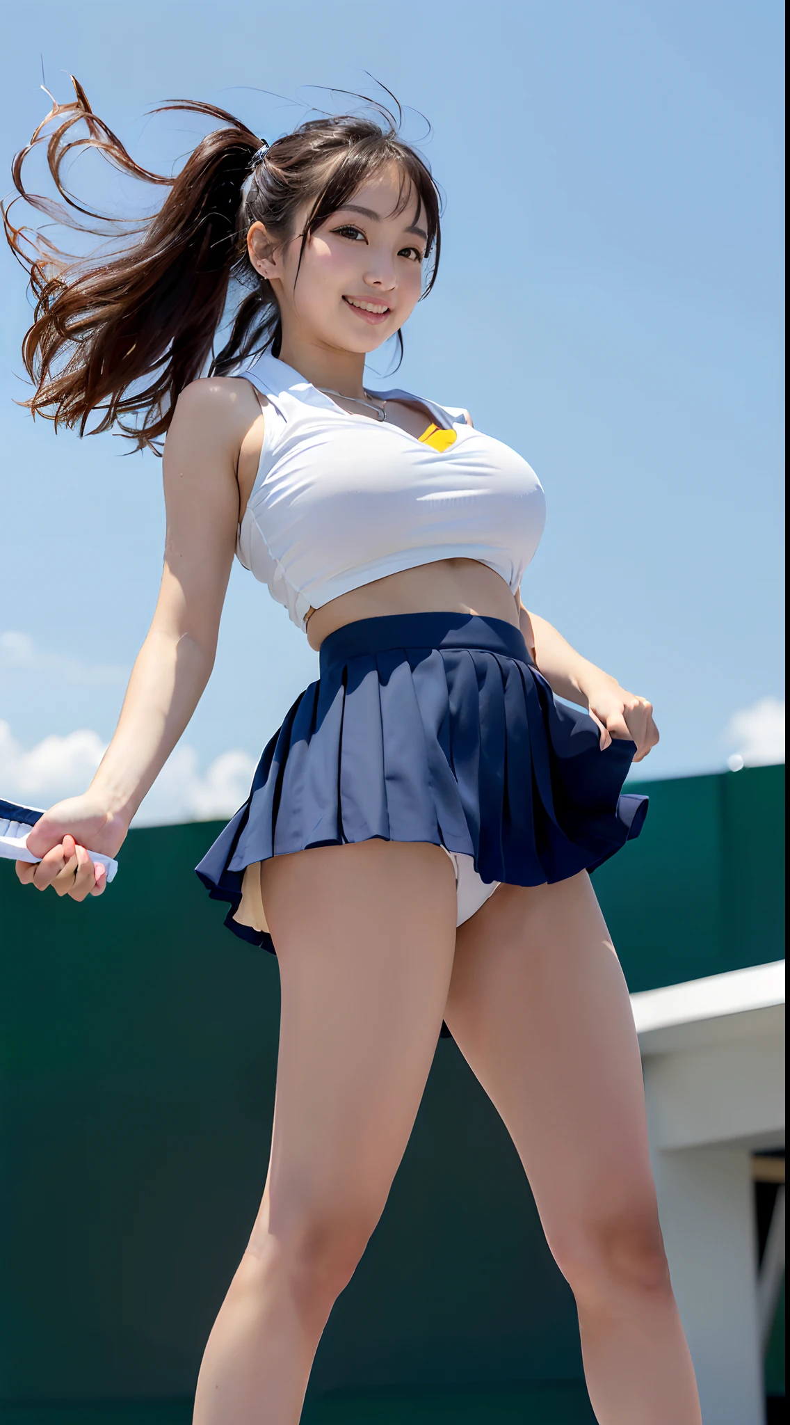 (in 8K、超A high resolution、Best Quality、Photorealsitic、masuter piece、The ultra -The high-definition、top-quality:1.1),(18year old:1.1)(hi-school girl、Tennis Wear、White pleated mini skirt、T back、Hide all breasts、quite massive chest、rather large breasts、Toned body:1.3)(Short-haired black hair、Japan Cute Woman、Clean tan on brown skin:1.18)、Cute smile、(Open your legs wide to the sides、Stand with your knees bent wide:1.28)(WindyUpskirt、Upskirt panties、Miniskirt fluttering in the wind:1.5)(High School Tennis Courts、espadrilles)