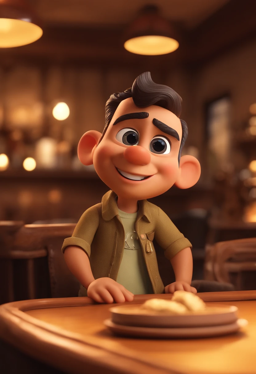personagem dos desenhos animados de um homem com cabelo escuro levemente ondulado, com um cavanhaque, possuindo um brinco dourado na orelha esquerda, olhos castanhos escuro, camiseta preta segurando um copo de cerveja em um bar de estilo vintage, animation character, Caractere estilizado, animation style rendering, 3d estilizado, Arnold Maya render, 3d rendering stylized, toon render keyshot, Personagem 3D, Personagem 3D, stylized 3d rendering, 3D character rendering, personagem de desenho animado,0 Pose de Personagem, (Estilo Pixar) (master part:1.2) (Bokeh) (best quality) ( pele detalhada) (textura detalhada) (8k) (argila) (Yellowish cinematic lighting) (foco nítido, Estilo disney da Pixar.